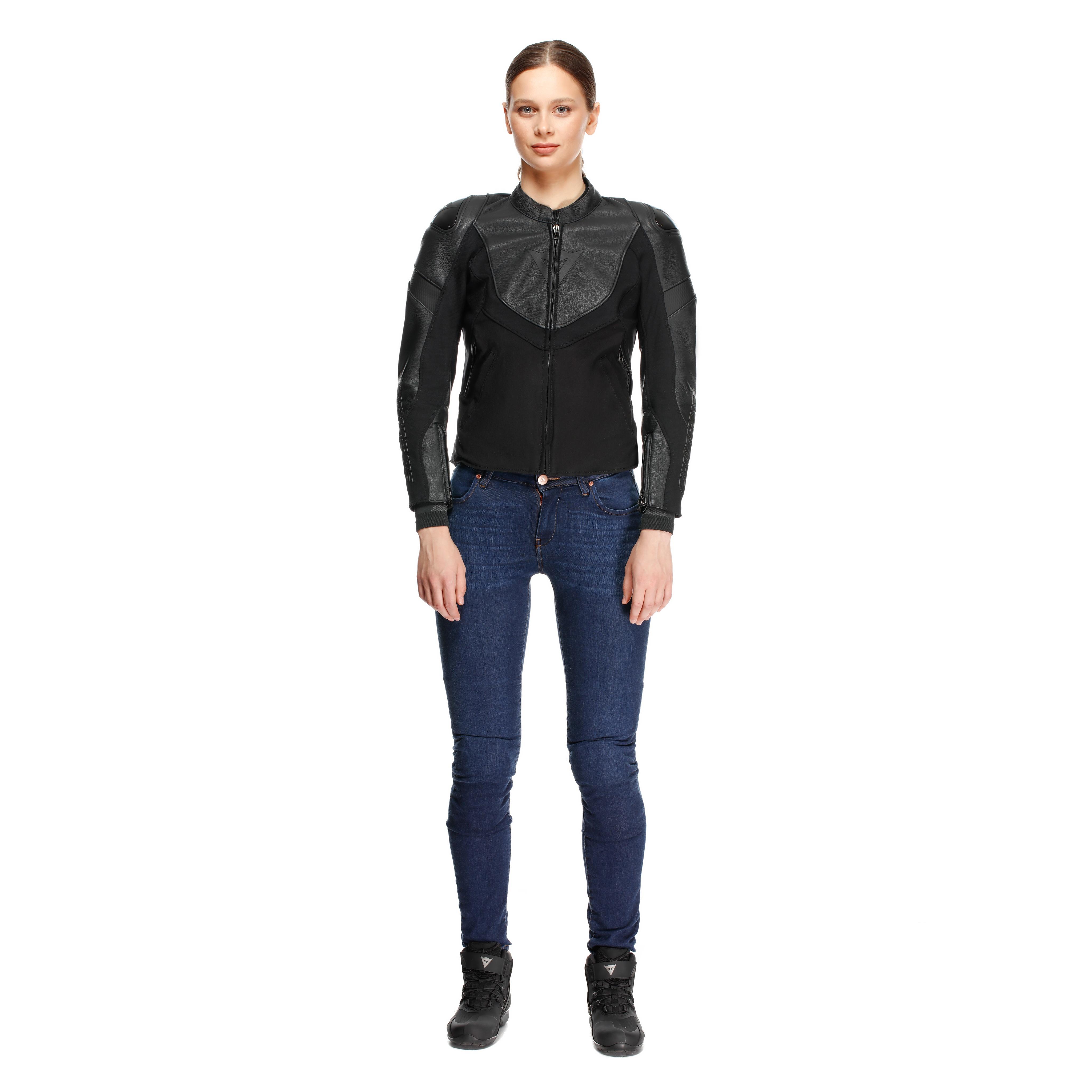 IPERATTIVA - GIACCA MOTO IN PELLE E TESSUTO DONNA - BLACK/BLACK - 17