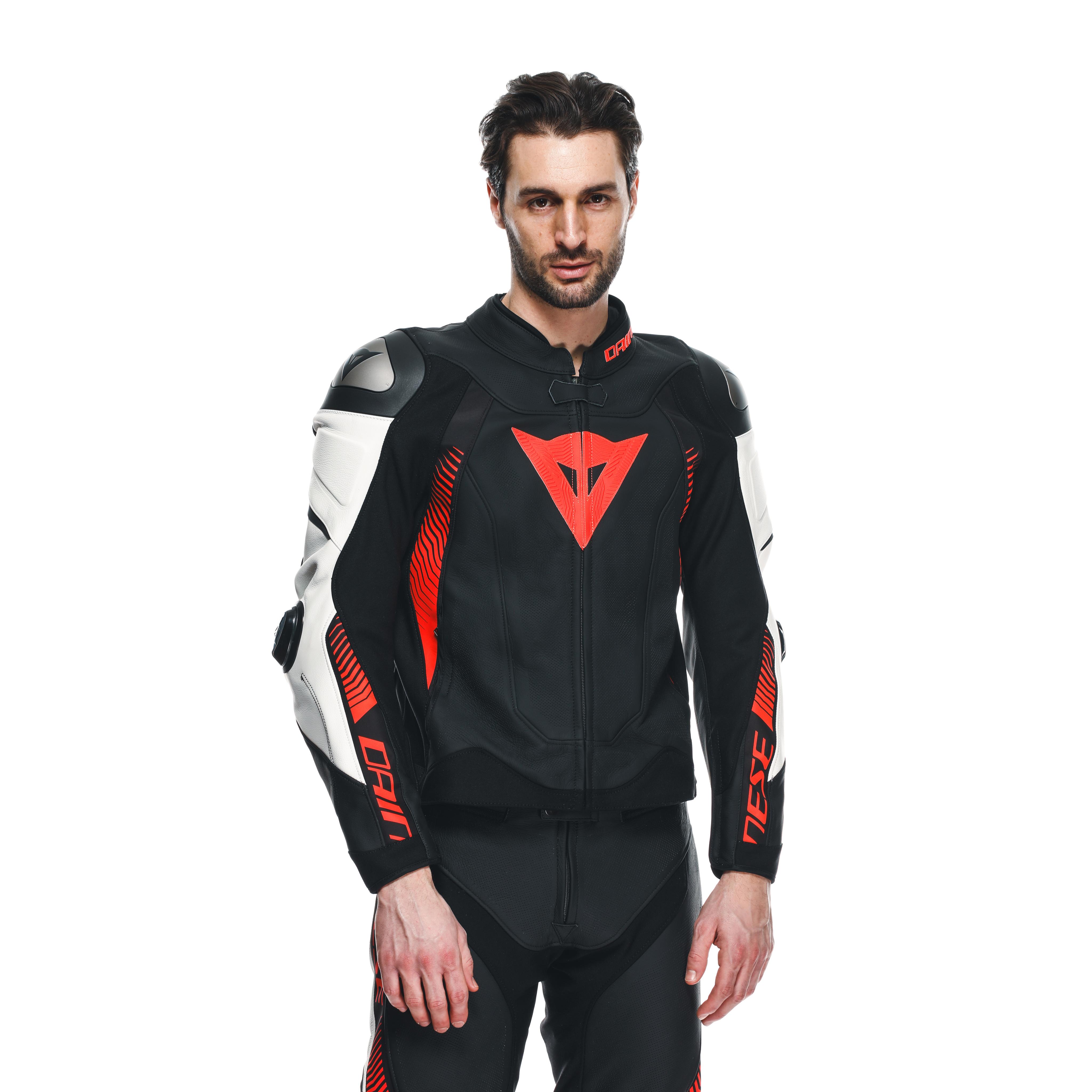 SUPER SPEED 4 - MEN PERFORATED LEATHER MOTORCYCLE JACKET - BLACK-MATT/WHITE/FLUO-RED - 5