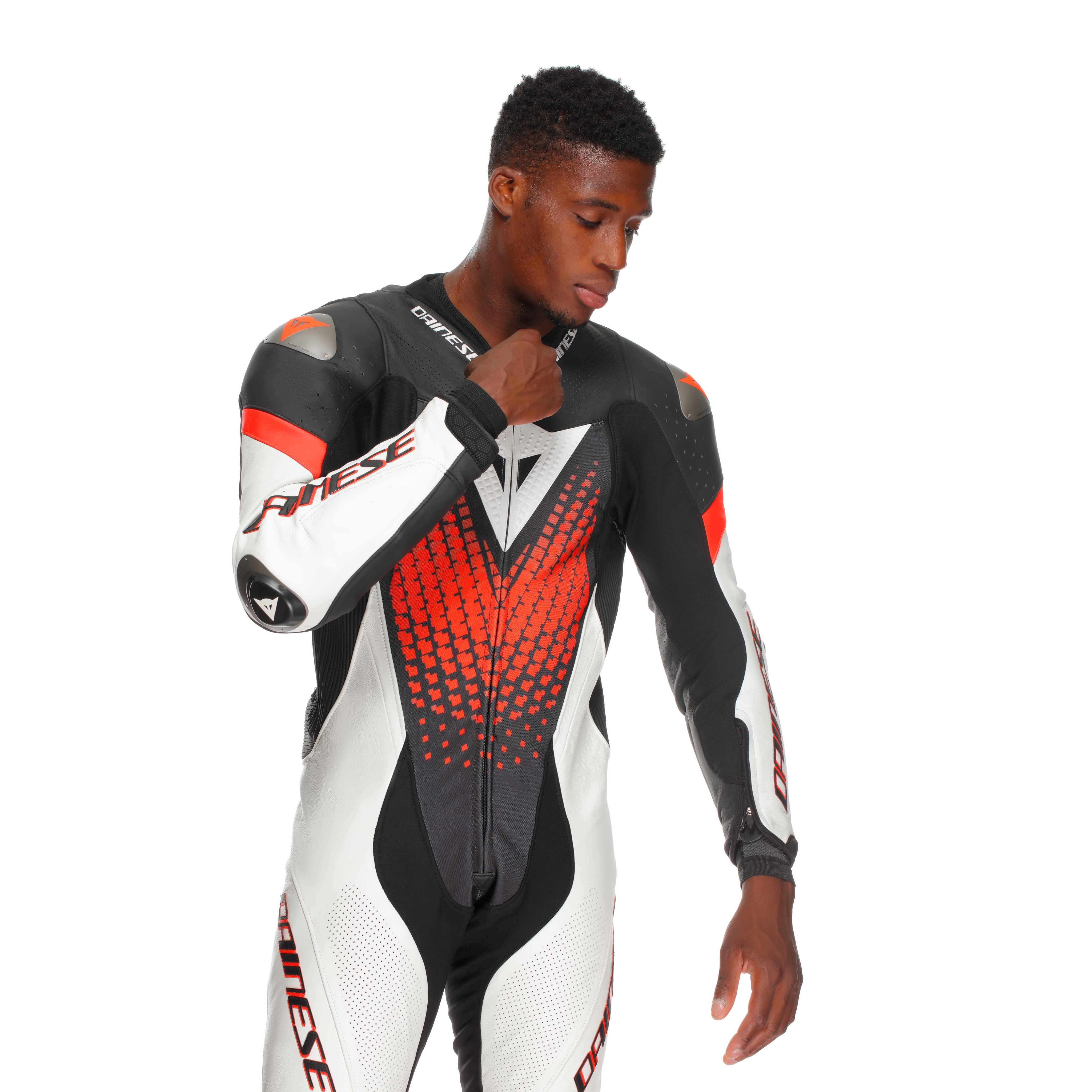LAGUNA SECA 6 - PERFORATED ONE-PIECE LEATHER RACING SUIT - BLACK/WHITE/RED-FLUO - 6