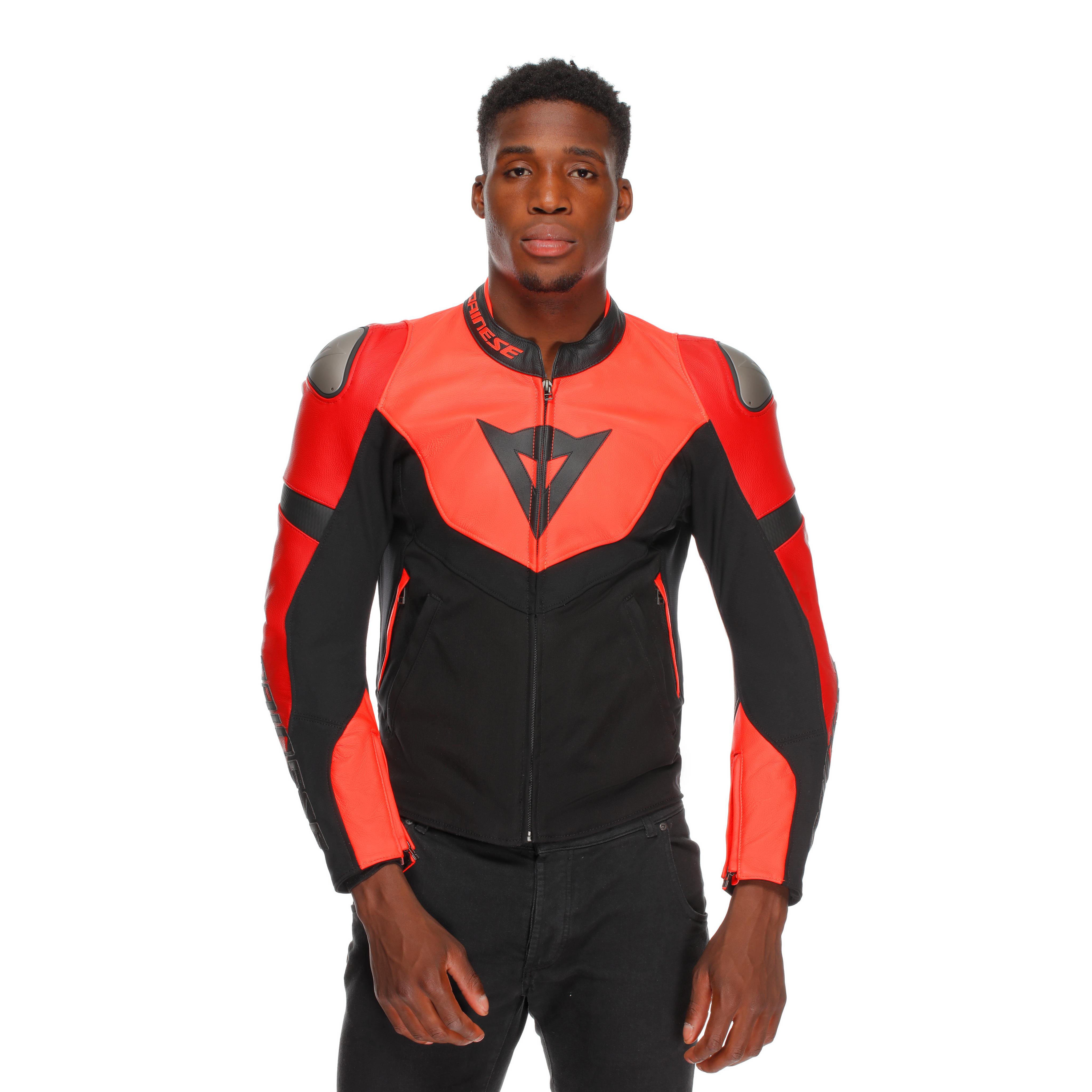 IPERATTIVA - MEN LEATHER-TEXTILE MOTORCYCLE JACKET - RED-FLUO/BLACK - 3