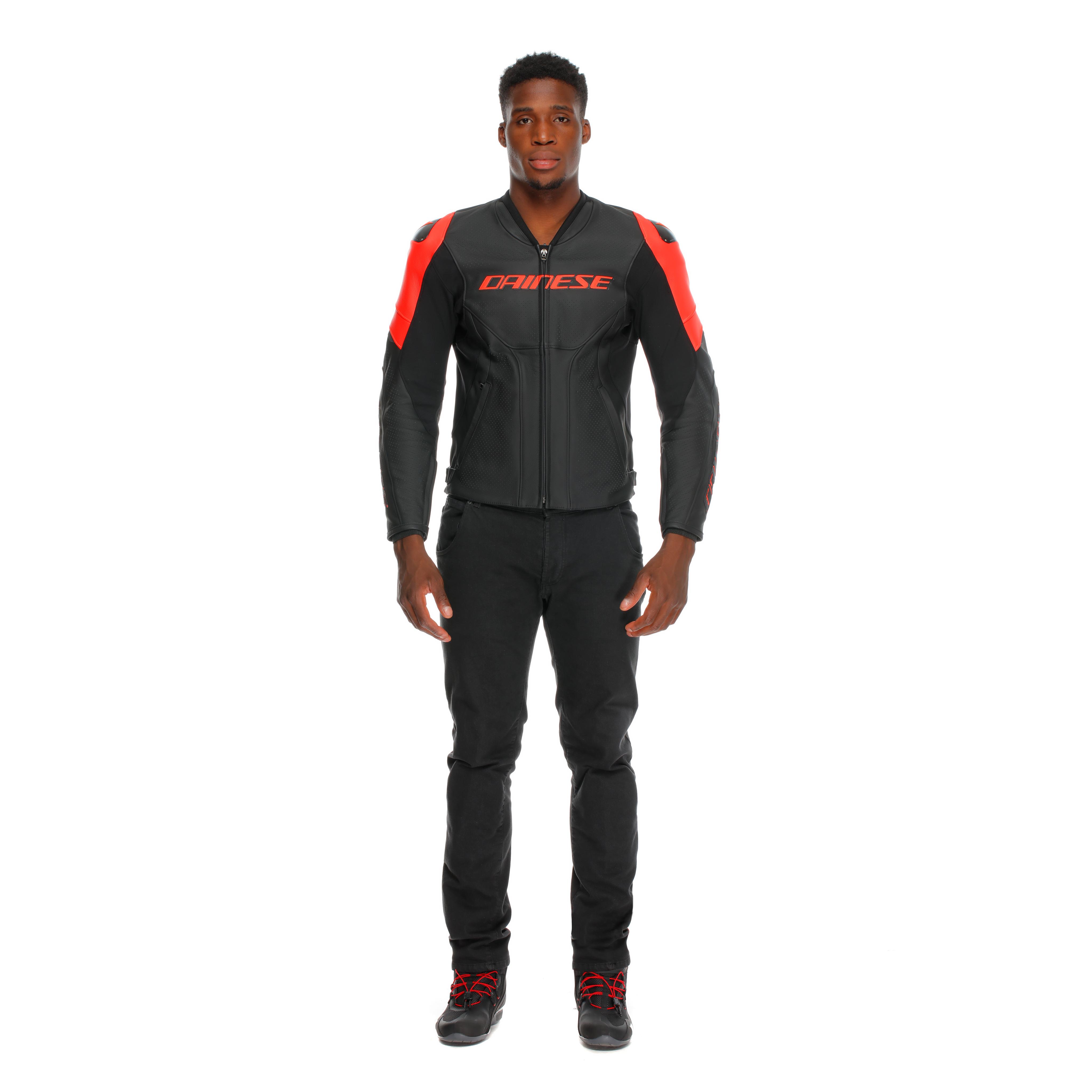 RACING 5 - MEN PERFORATED LEATHER MOTORCYCLE JACKET - BLACK/BLACK/RED-FLUO - 3