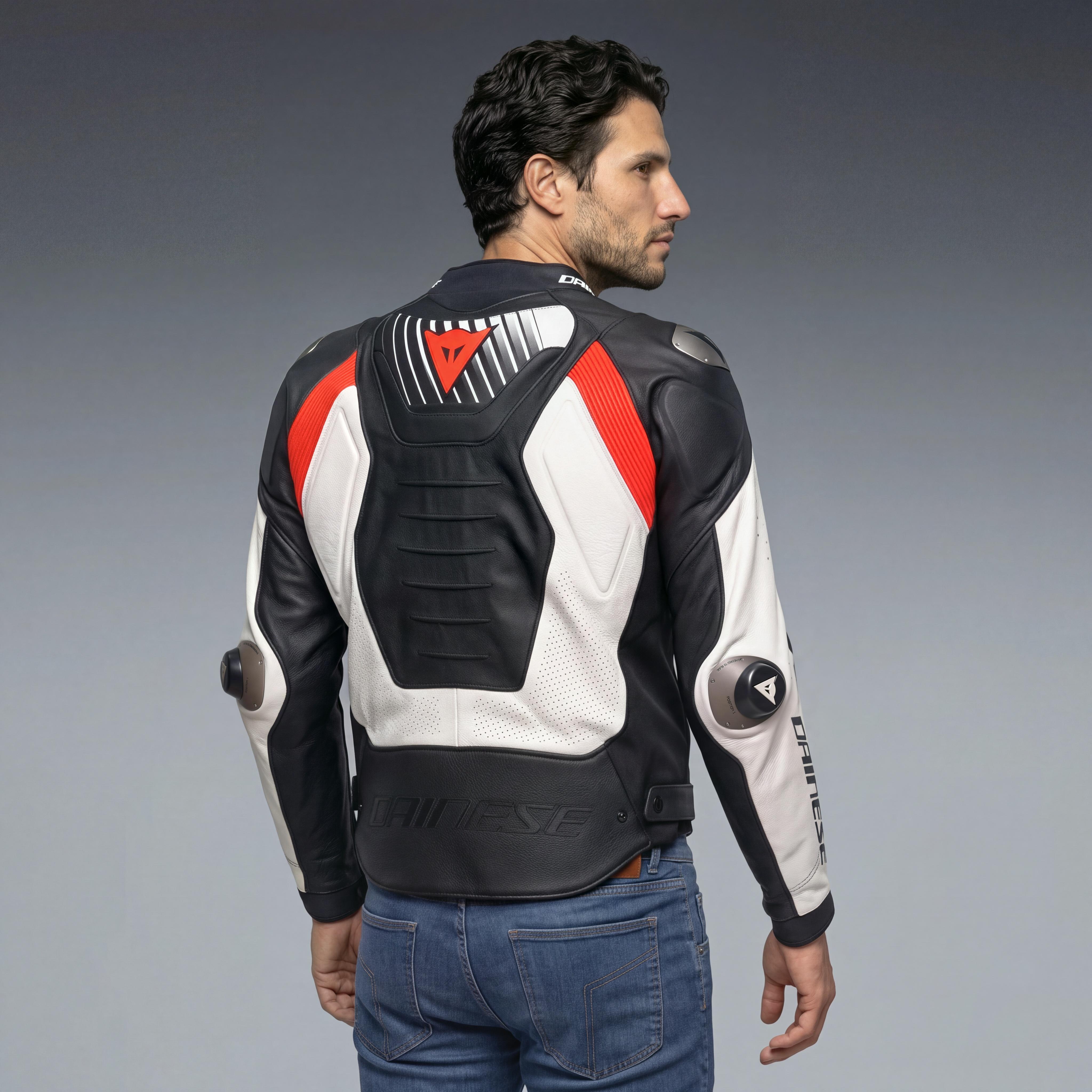 SUPER SPEED 5 - PERFORATED LEATHER MOTORCYCLE JACKET MEN - BLACK/WHITE/RED-FLUO - 4