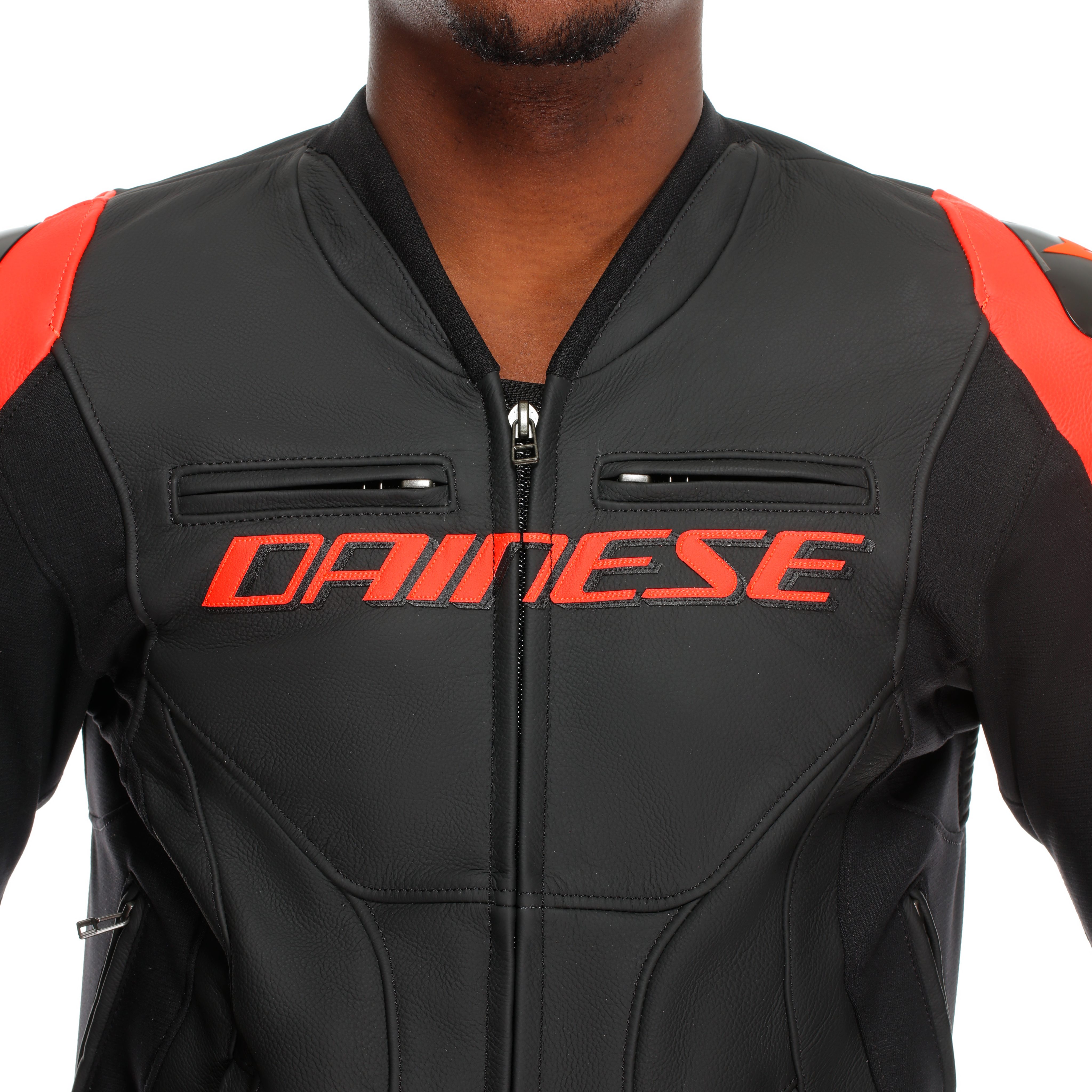 RACING 5 - MEN LEATHER MOTORCYCLE JACKET | BLACK/BLACK/RED-FLUO