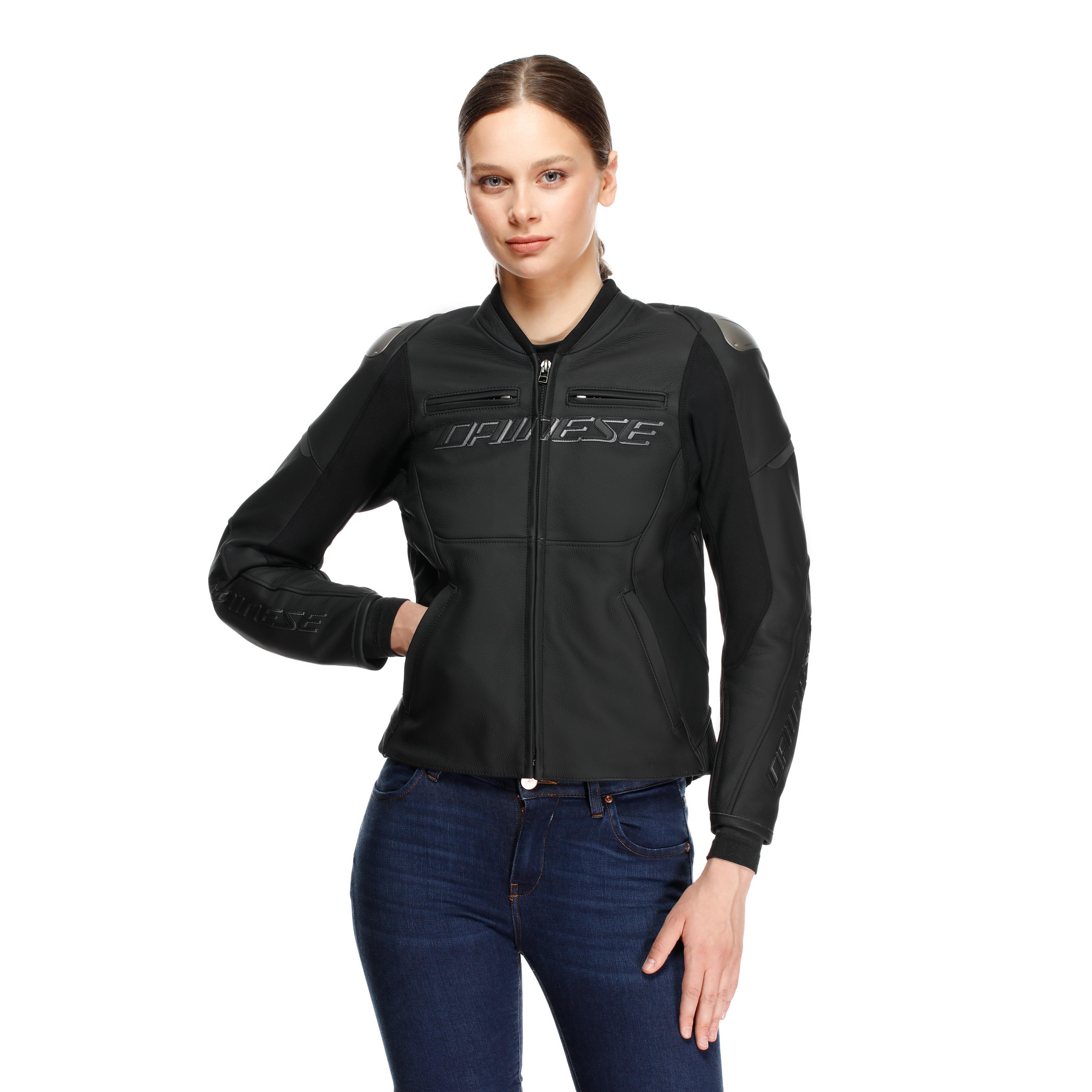 RACING 5 - DAMEN-MOTORSCHUTZJACKE AUS LEDER - BLACK/BLACK - 3