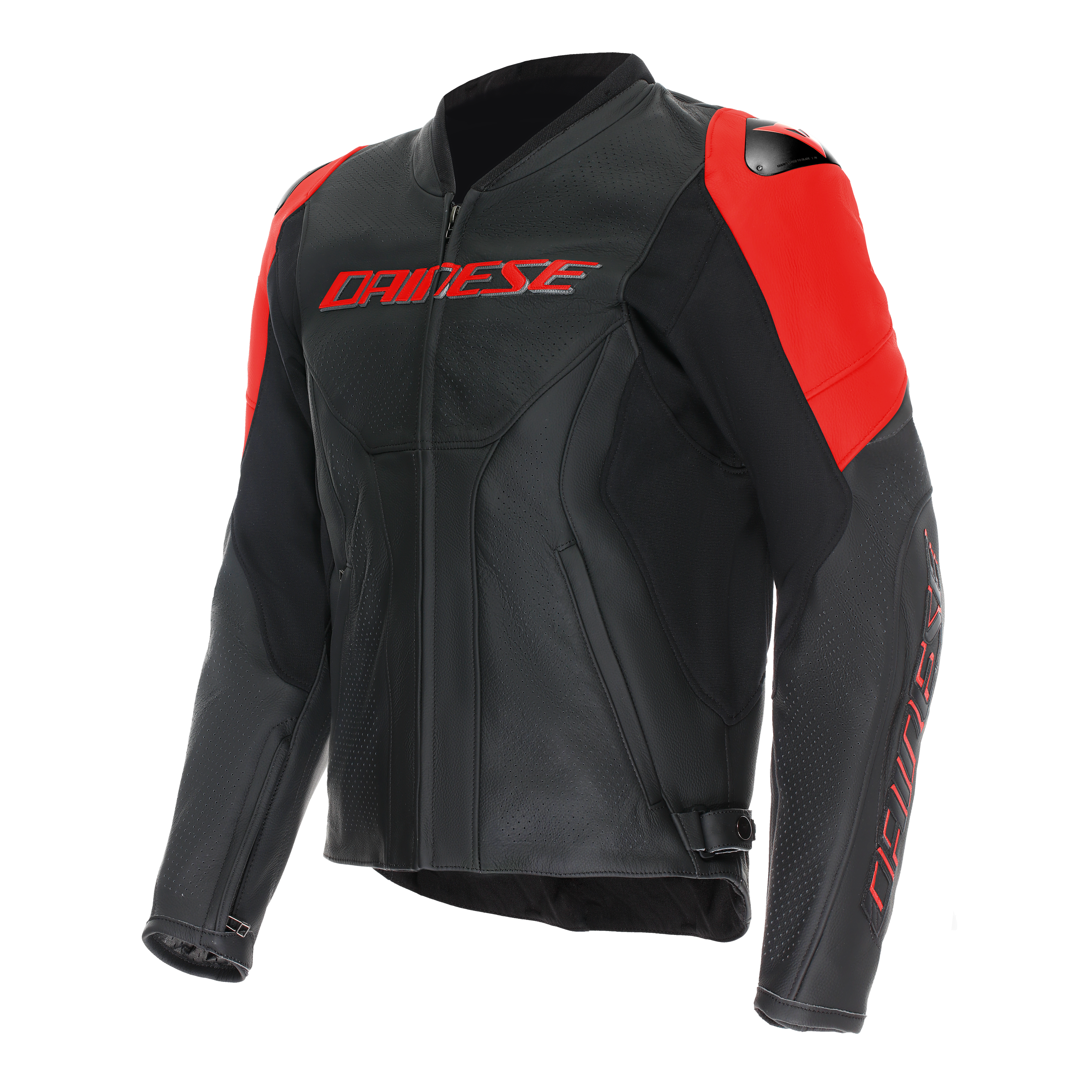 RACING 5 - MEN PERFORATED LEATHER MOTORCYCLE JACKET - BLACK/BLACK/RED-FLUO - 1