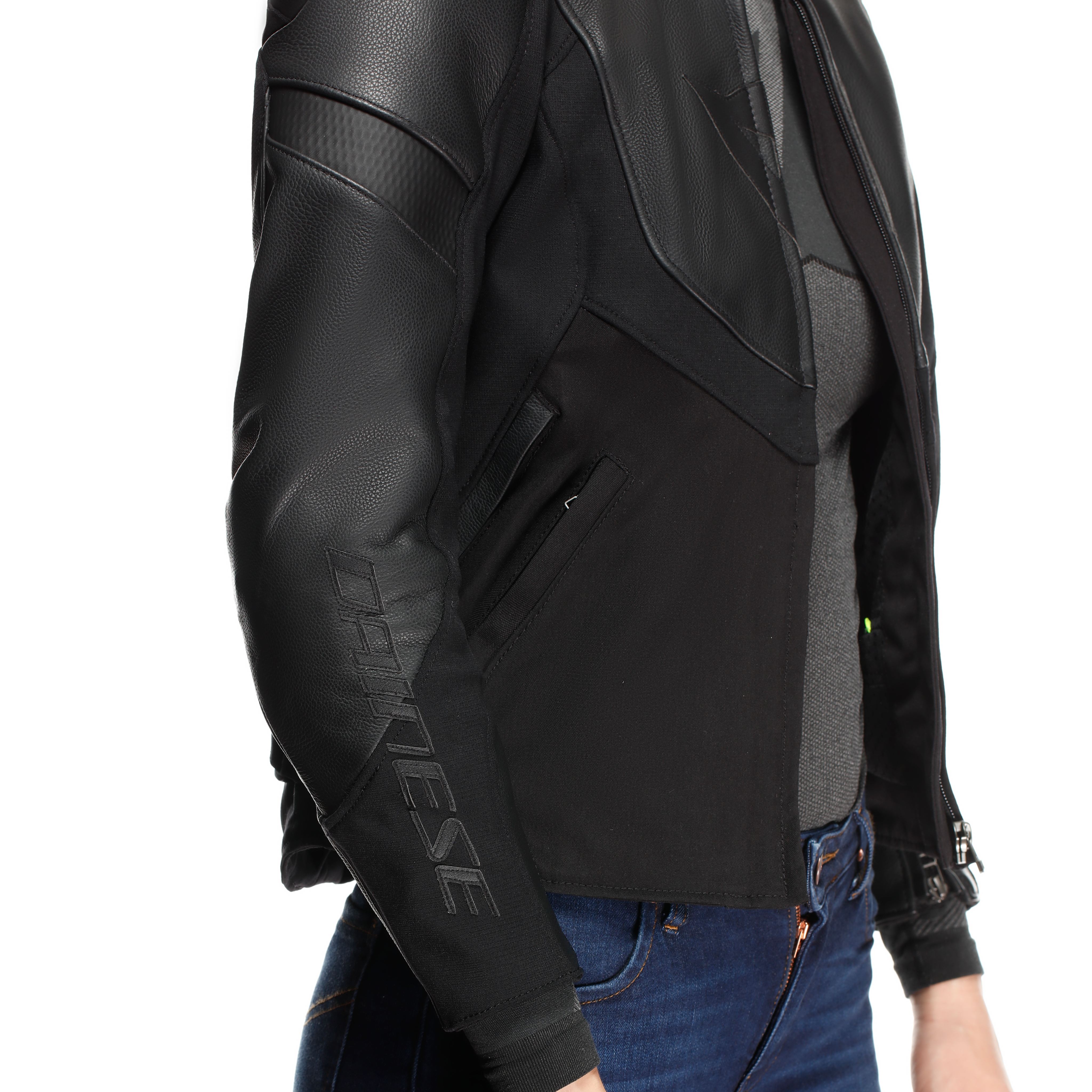 IPERATTIVA - GIACCA MOTO IN PELLE E TESSUTO DONNA - BLACK/BLACK - 14