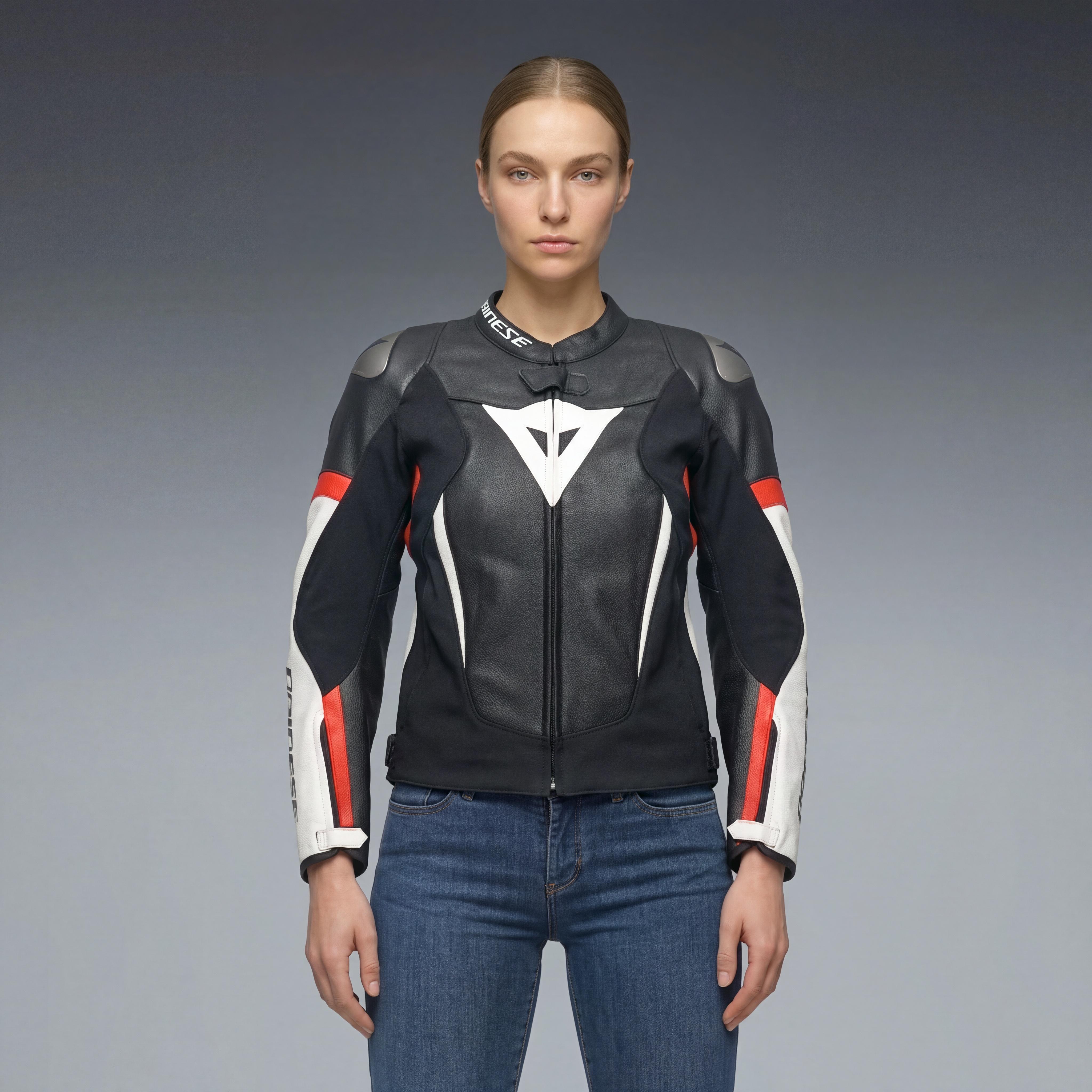 AVRO 6 - LEATHER MOTORCYCLE JACKET WOMEN - BLACK/WHITE/RED-FLUO - 3