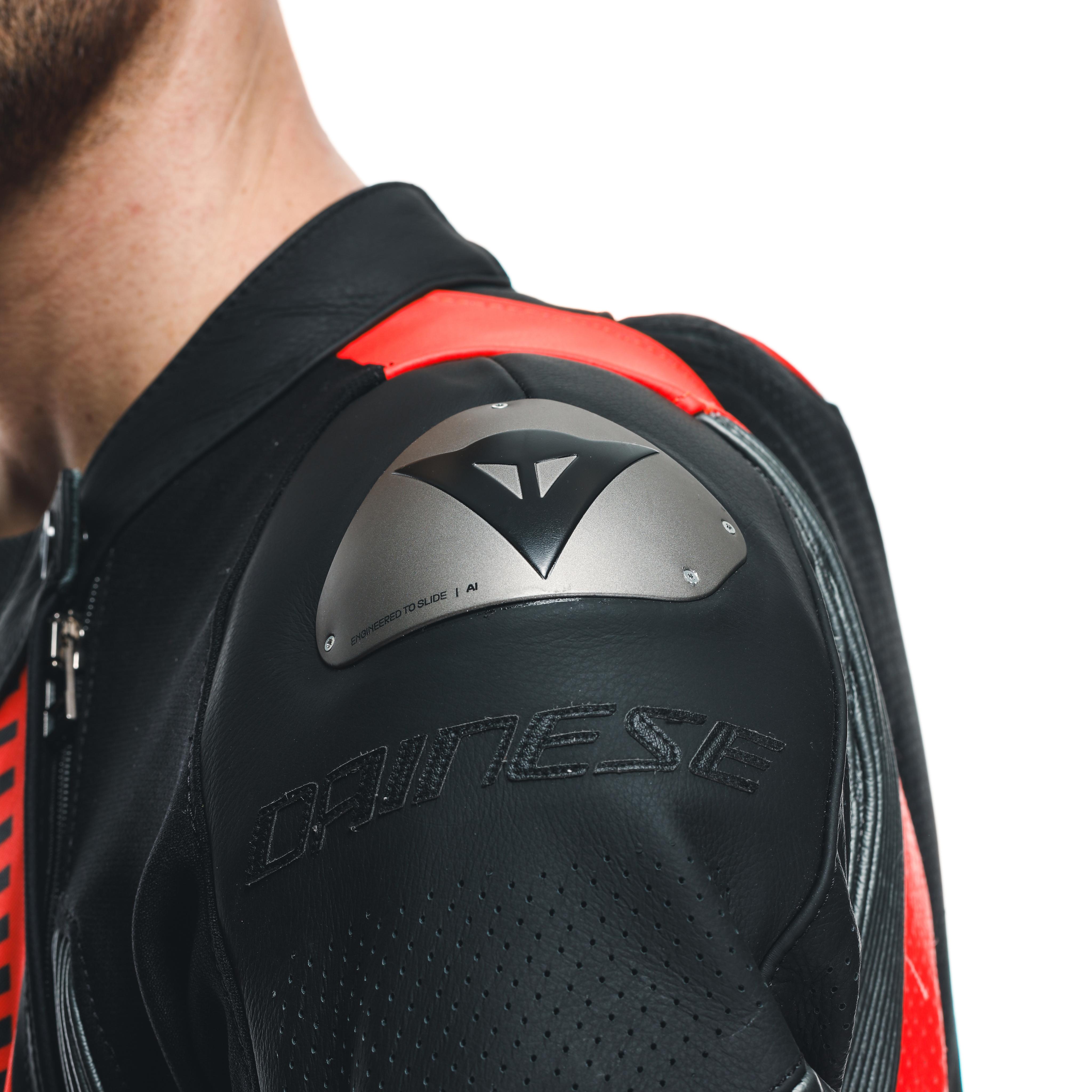 AUDAX D-ZIP - MEN'S 1-PIECE MOTORCYCLE PERFORATED LEATHER SUIT - BLACK/RED-FLUO/ANTHRACITE - 10