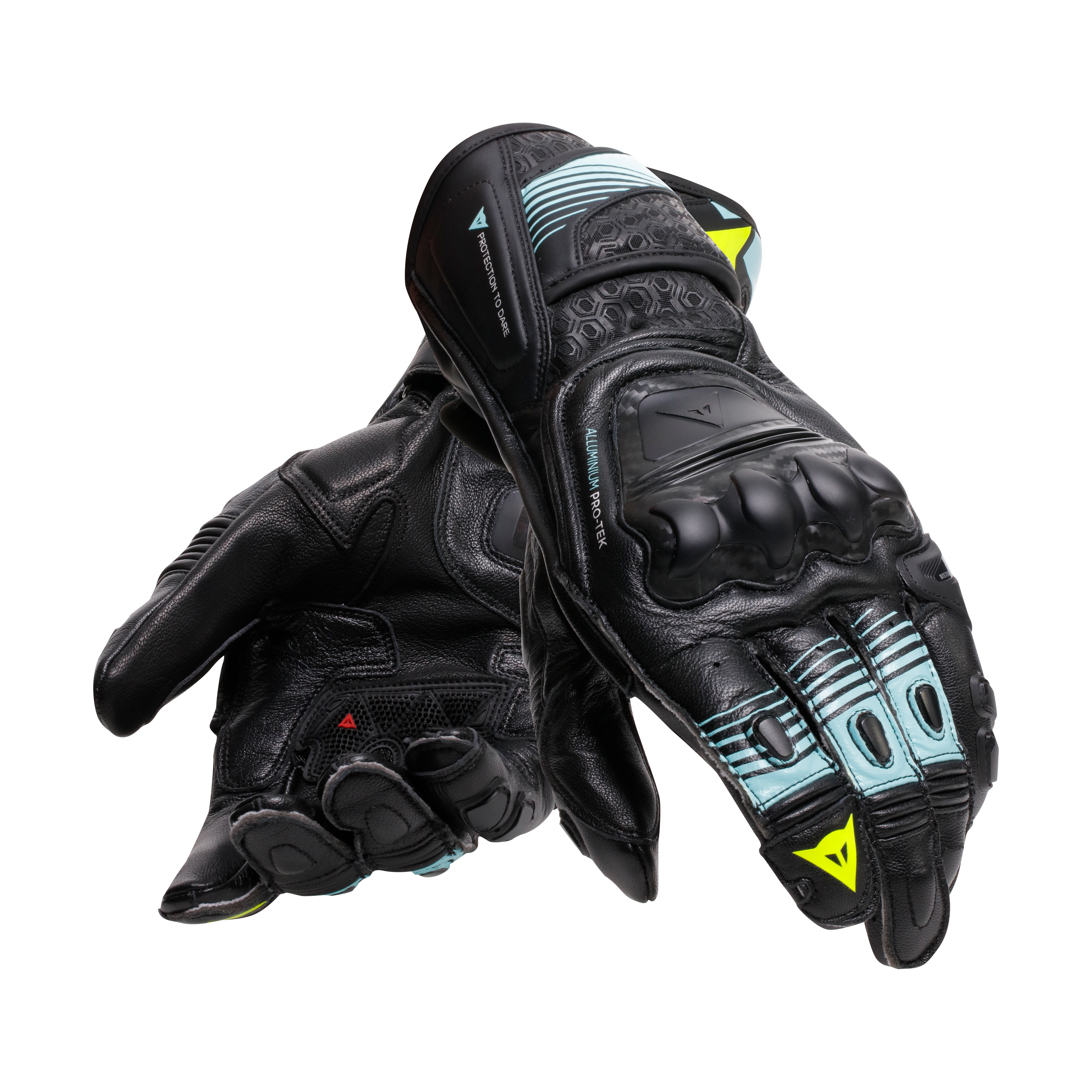 FIERO - LEATHER RACING MOTORCYCLE GLOVES - BLACK/WATER/YELLOW FLUO - 5