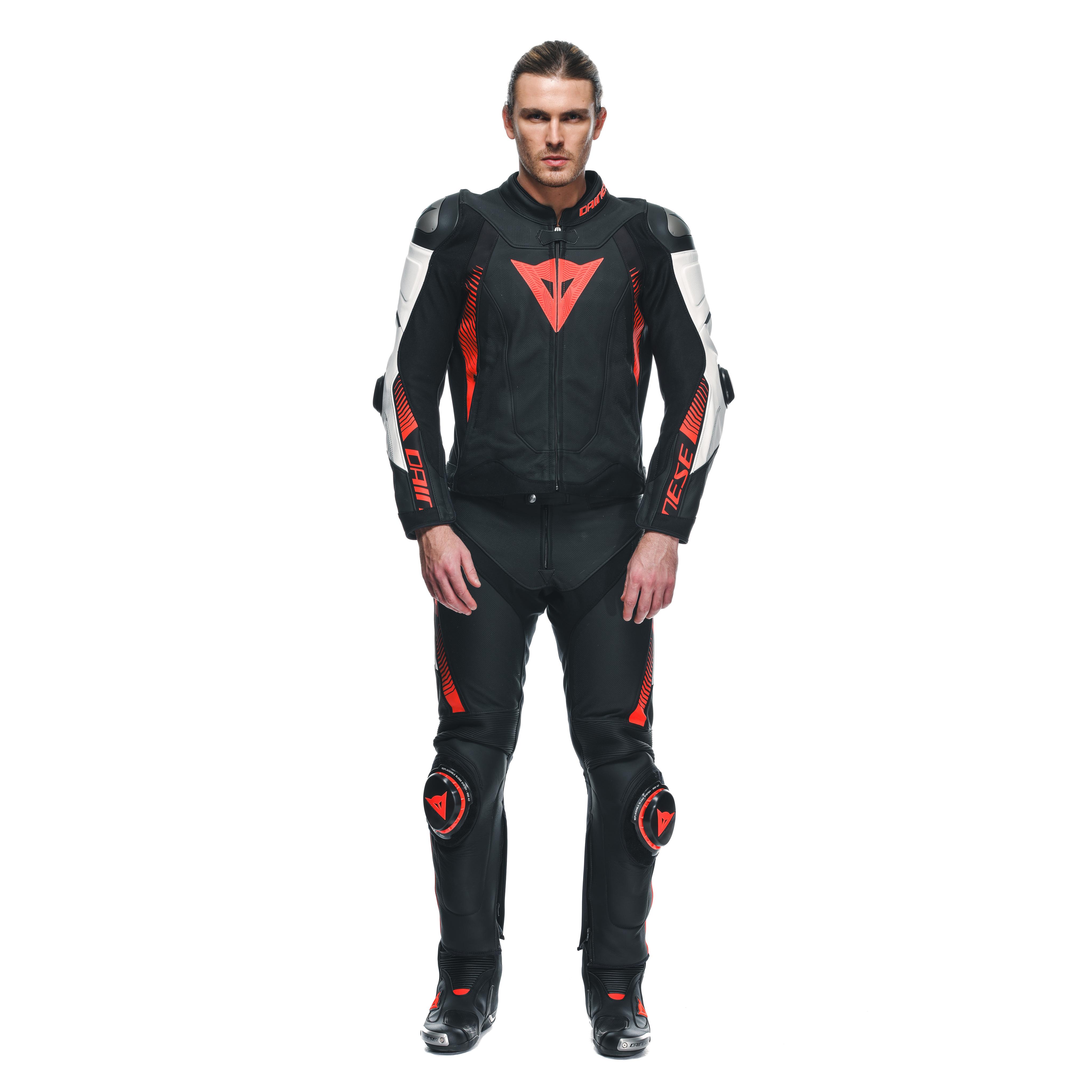 SUPER SPEED - MEN'S MOTORCYCLE PERFORATED LEATHER PANTS - BLACK/WHITE/RED-FLUO - 3