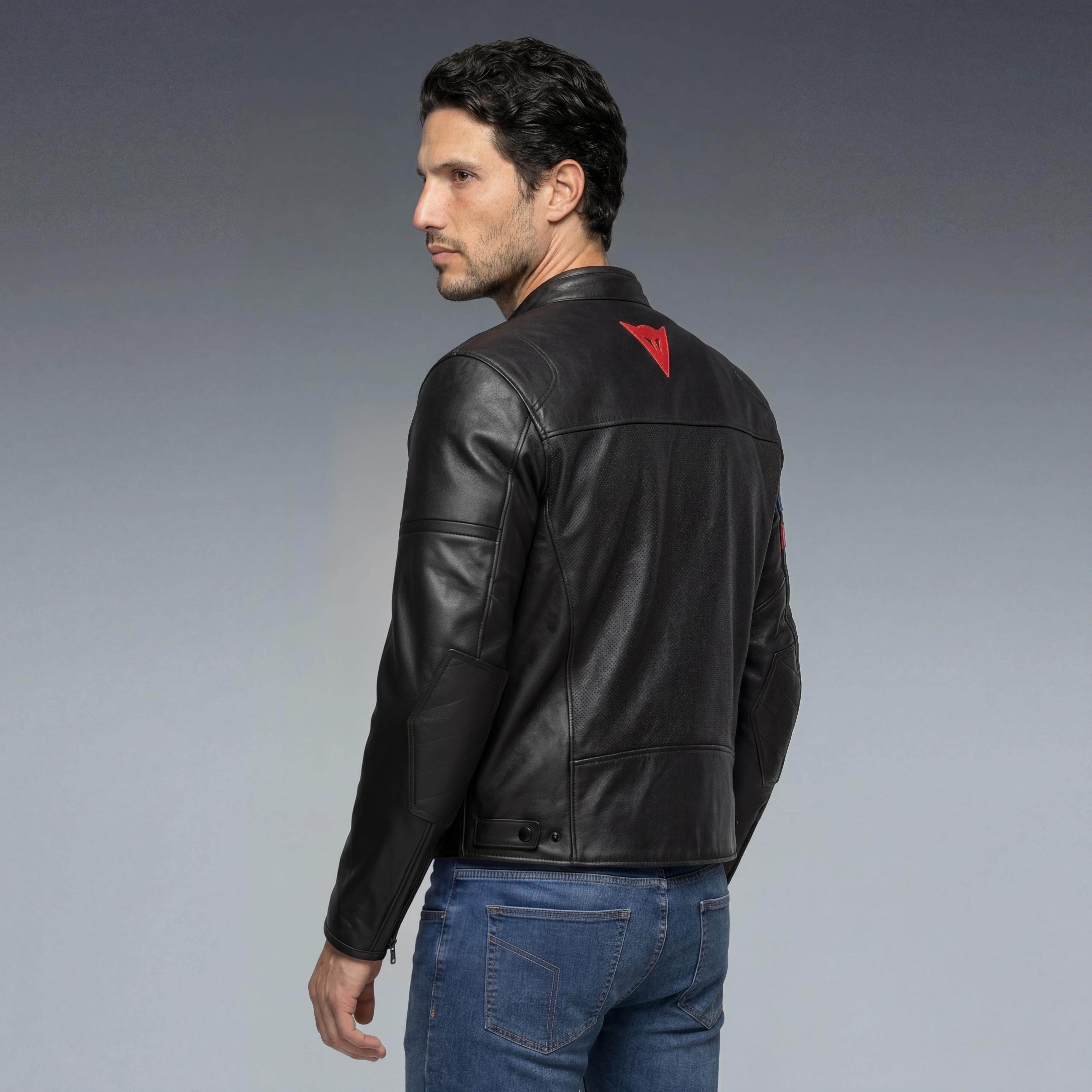 LEGGENDA -MEN PERFORATED LEATHER MOTORCYCLE JACKET - BLACK - 4