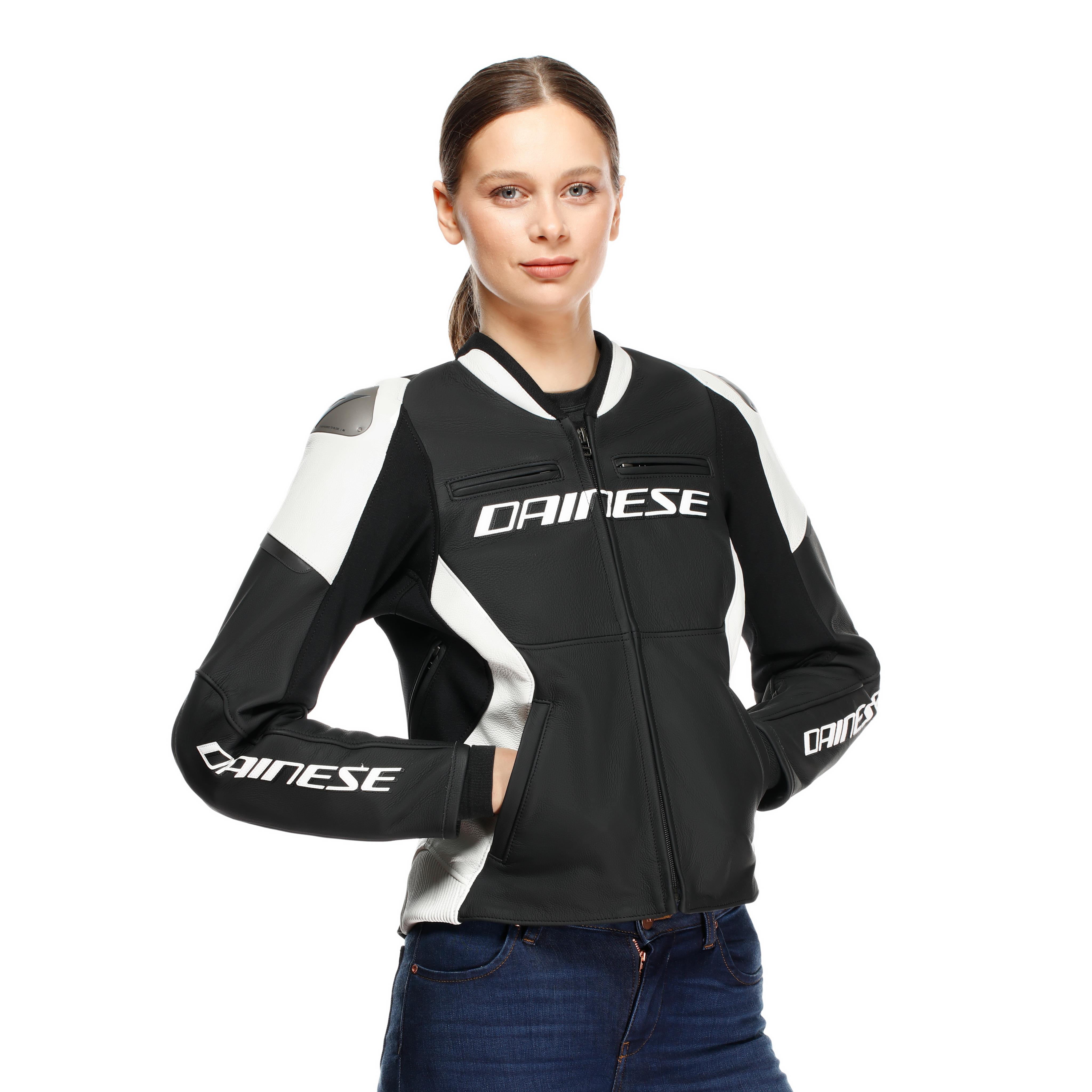 RACING 5 - DAMEN-MOTORSCHUTZJACKE AUS LEDER - BLACK/WHITE - 4