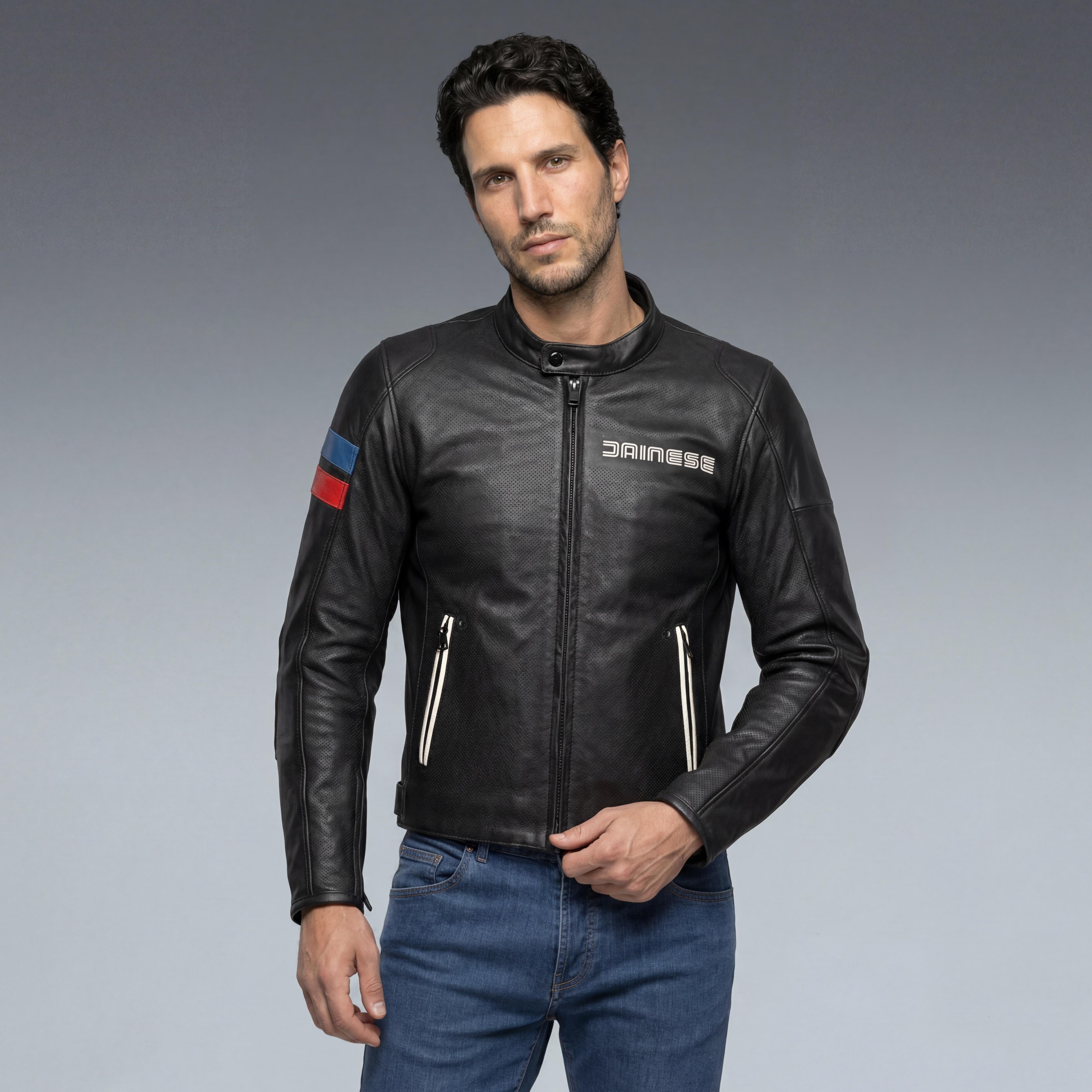 LEGGENDA -MEN PERFORATED LEATHER MOTORCYCLE JACKET - BLACK - 3