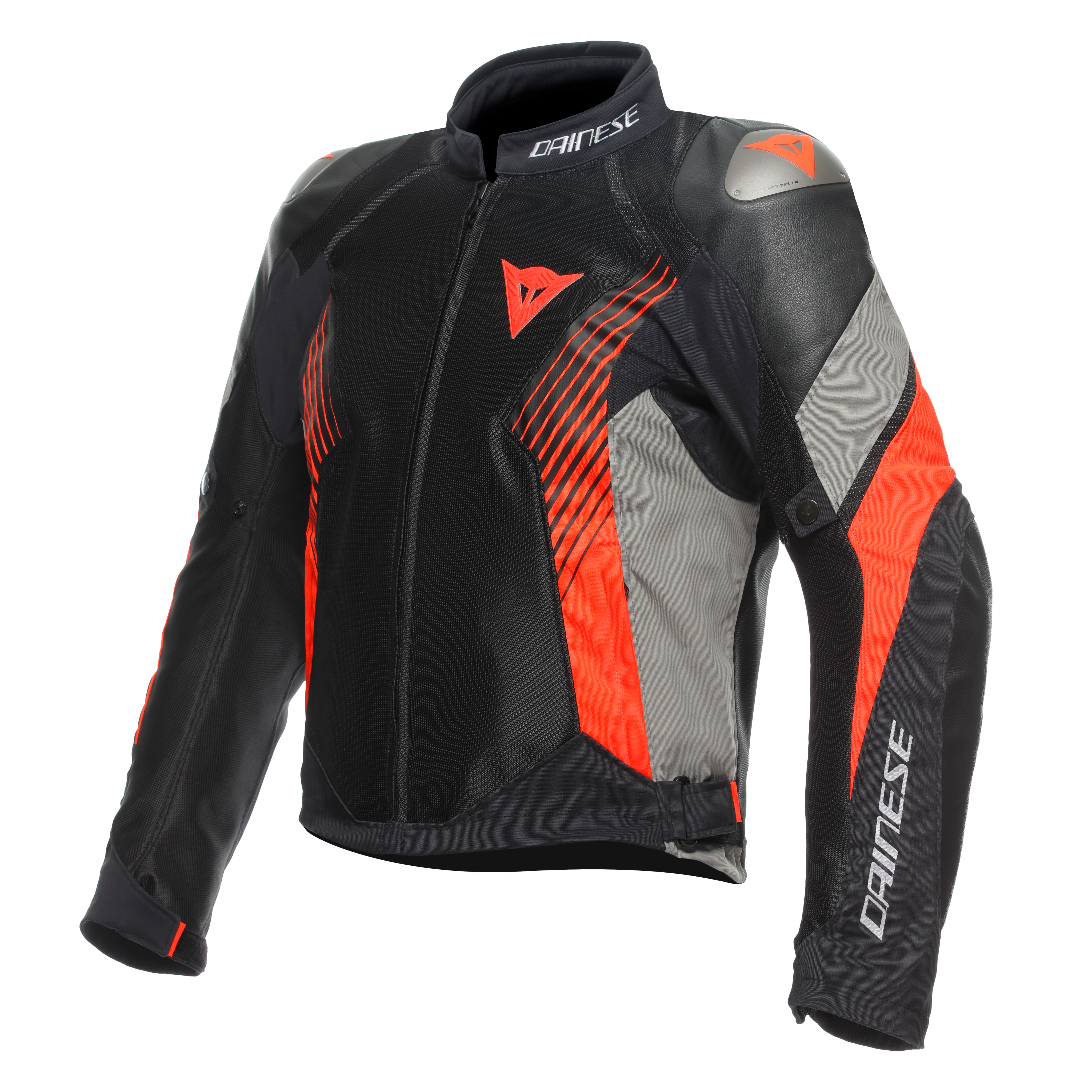 SUPER RIDER 2 ABSOLUTESHELL&trade; - MEN'S WATERPROOF MOTORCYCLE JACKET - BLACK/DARK-GULL-GRAY/FLUO-RED - 1