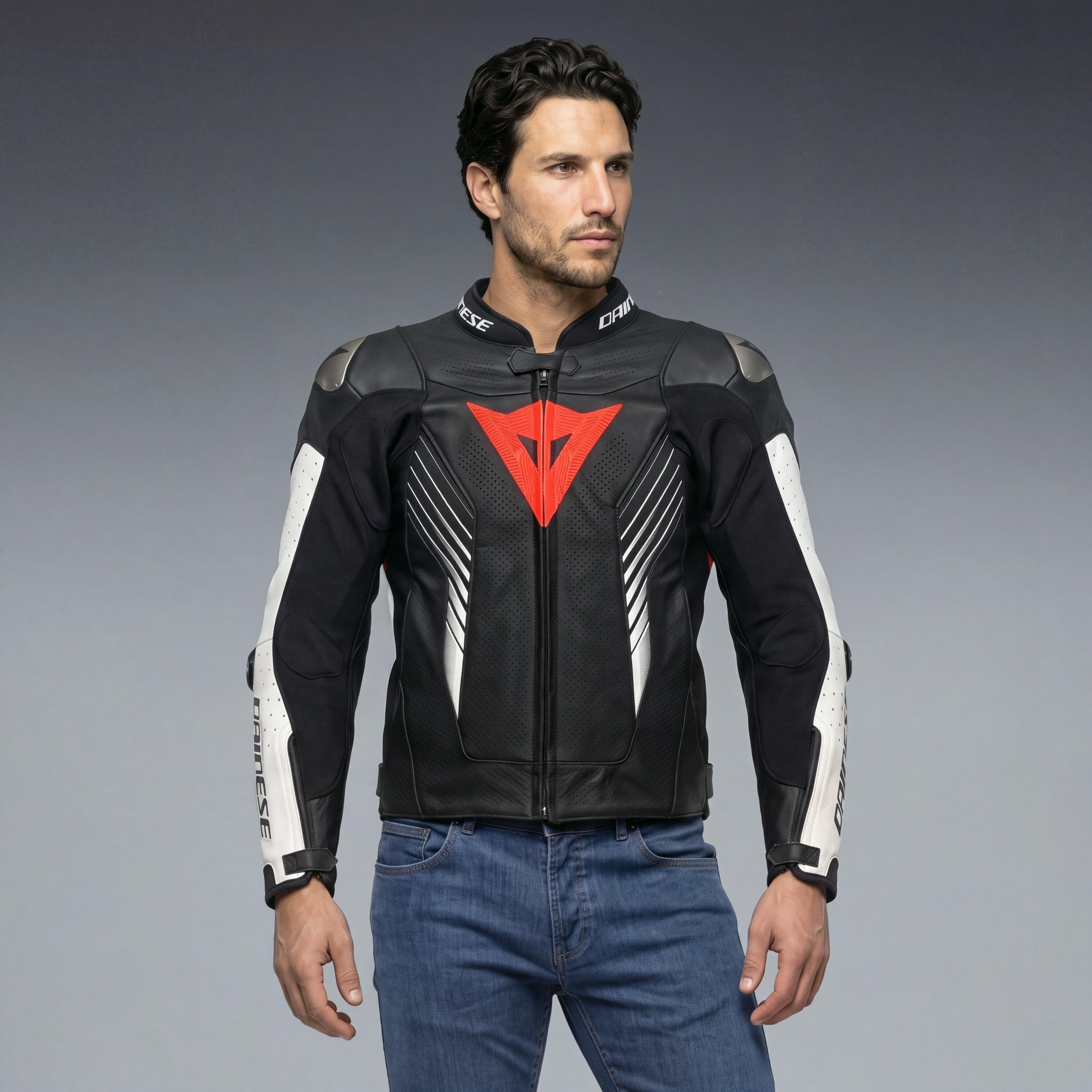 SUPER SPEED 5 - PERFORATED LEATHER MOTORCYCLE JACKET MEN - BLACK/WHITE/RED-FLUO - 3