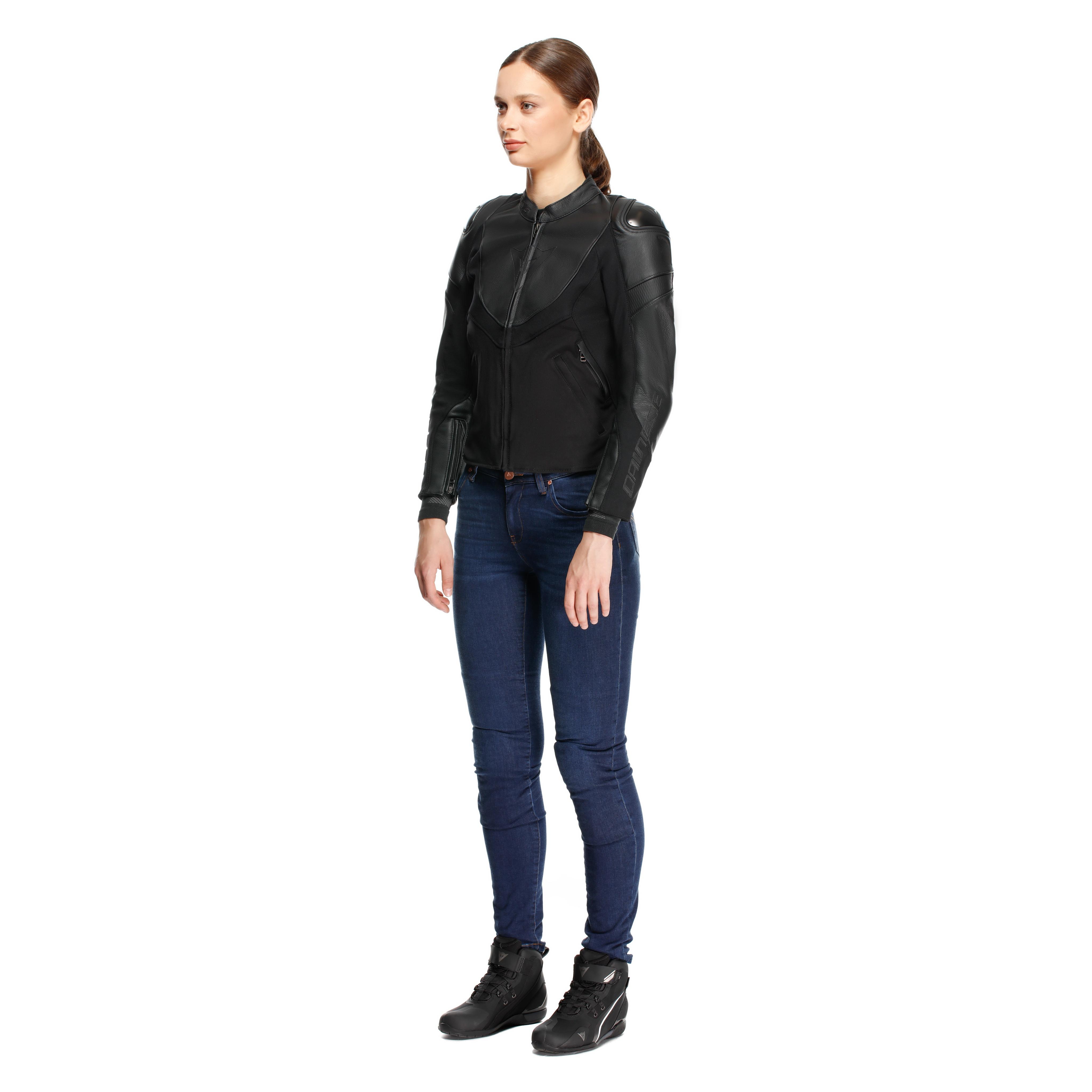 IPERATTIVA - GIACCA MOTO IN PELLE E TESSUTO DONNA - BLACK/BLACK - 18