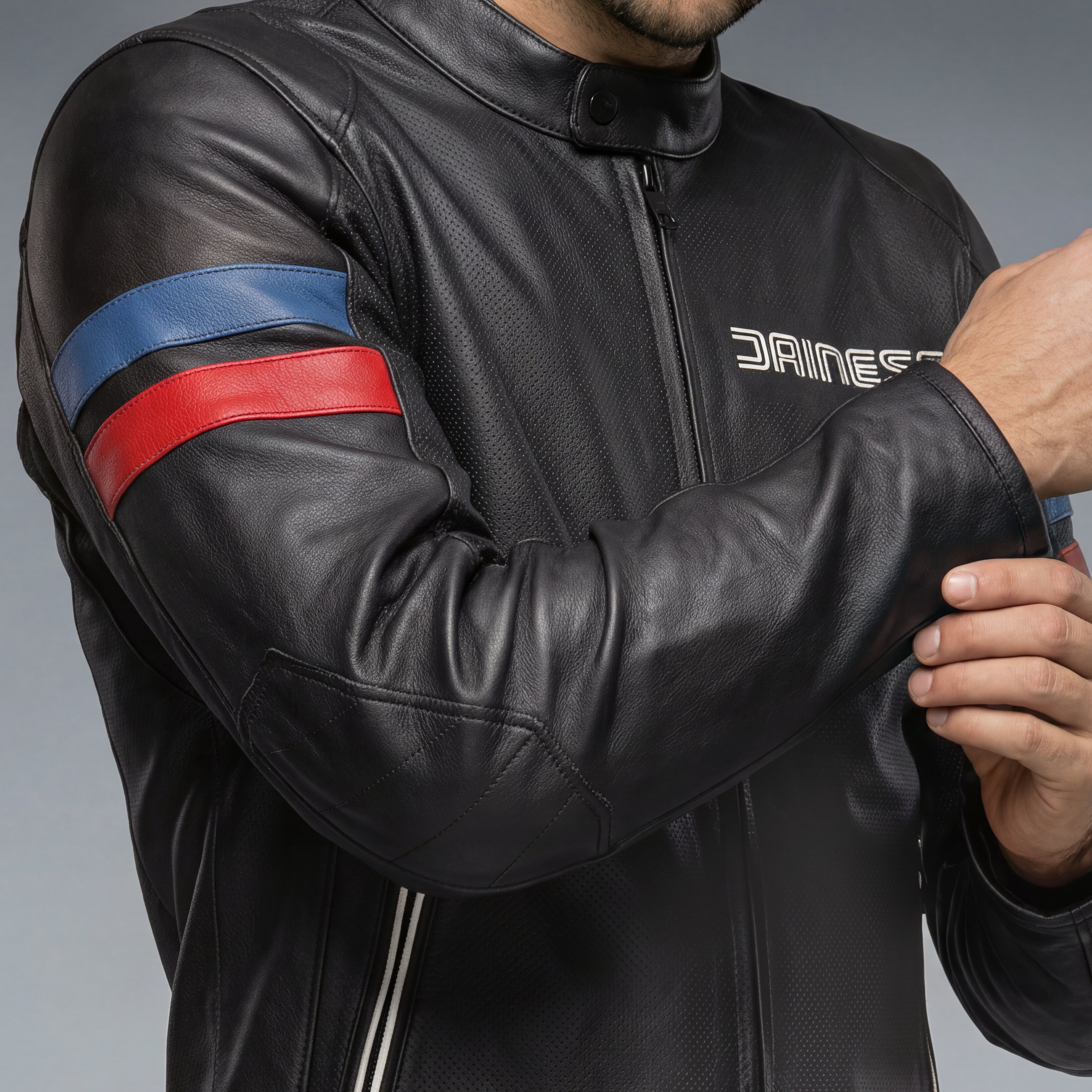 LEGGENDA -MEN PERFORATED LEATHER MOTORCYCLE JACKET - BLACK - 5
