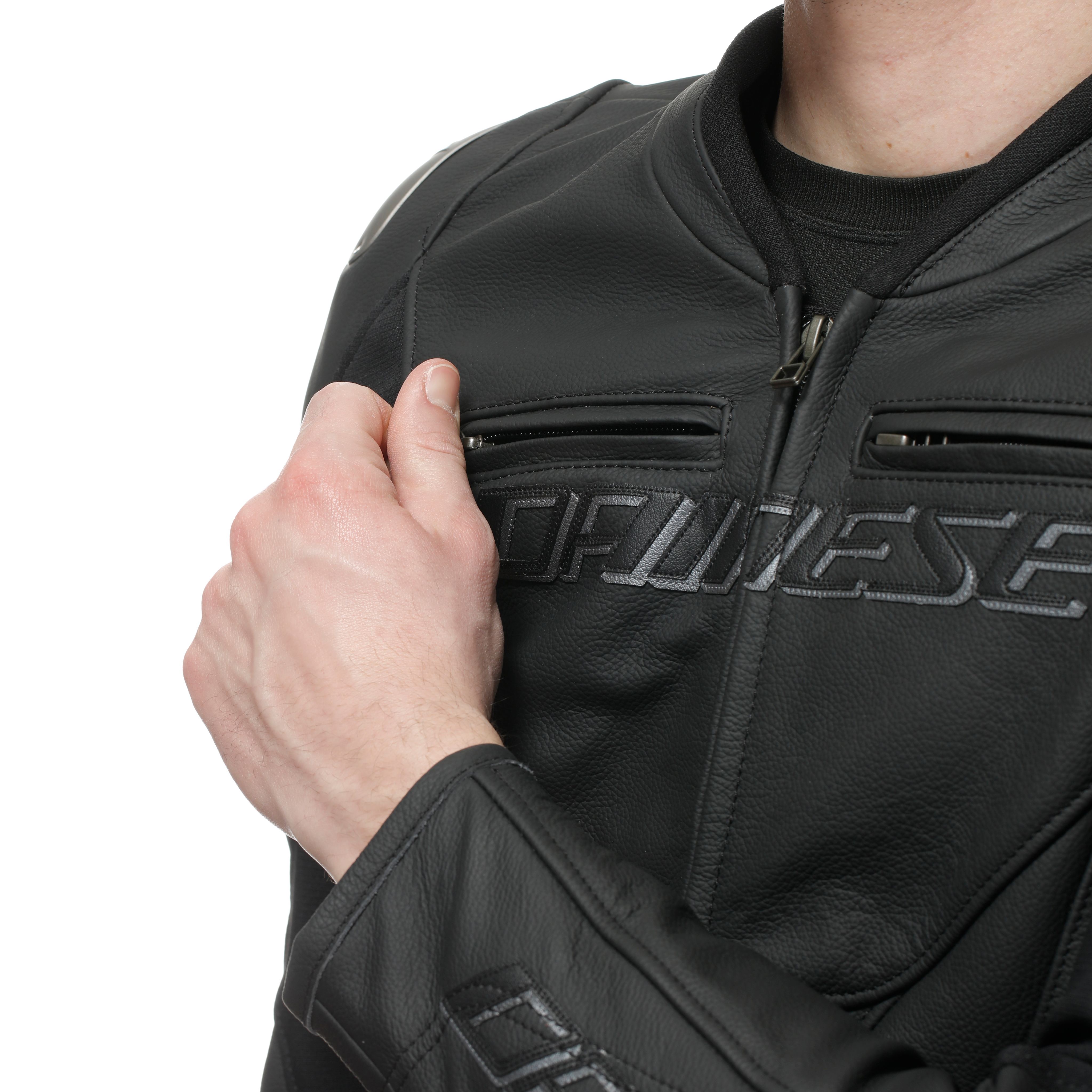 RACING 5 - MEN LEATHER MOTORCYCLE JACKET SHORT/TALL FIT (S/T) - BLACK/BLACK/BLACK - 7