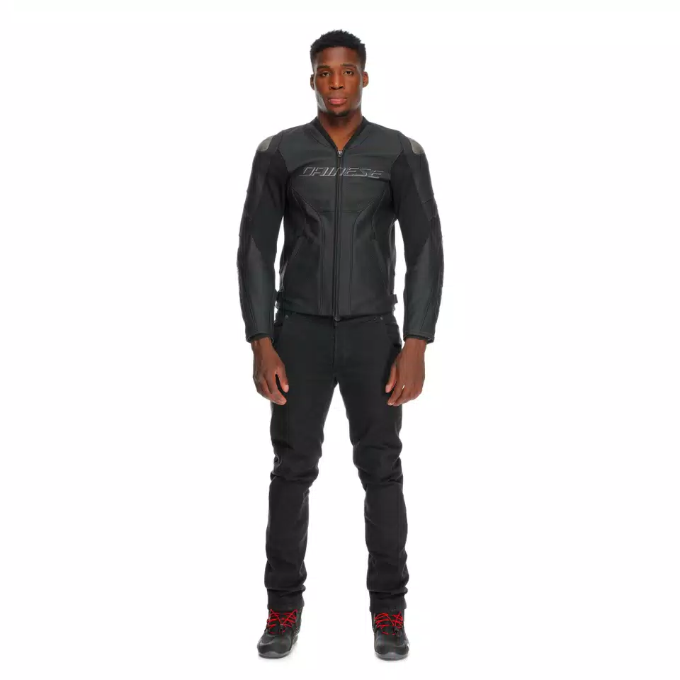 RACING 5 - MEN PERFORATED LEATHER MOTORCYCLE JACKET SHORT/TALL FIT (S/T) - BLACK/BLACK/BLACK - 3