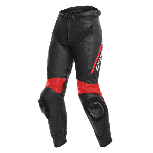 delta-3-pantaloni-moto-in-pelle-donna-black-black-fluo-red image number 0
