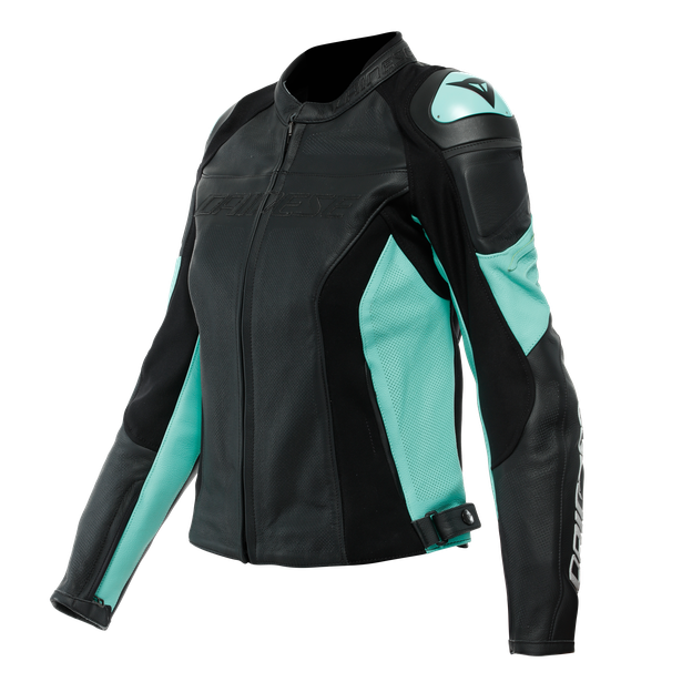 racing-4-giacca-moto-in-pelle-perforata-donna-black-acqua-green image number 0