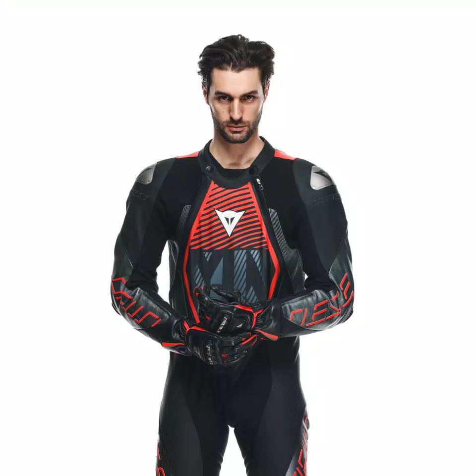 AUDAX D ZIP MEN S 1 PIECE MOTORCYCLE PERFORATED LEATHER SUIT BLACK RED FLUO ANTHRACITE Dainese