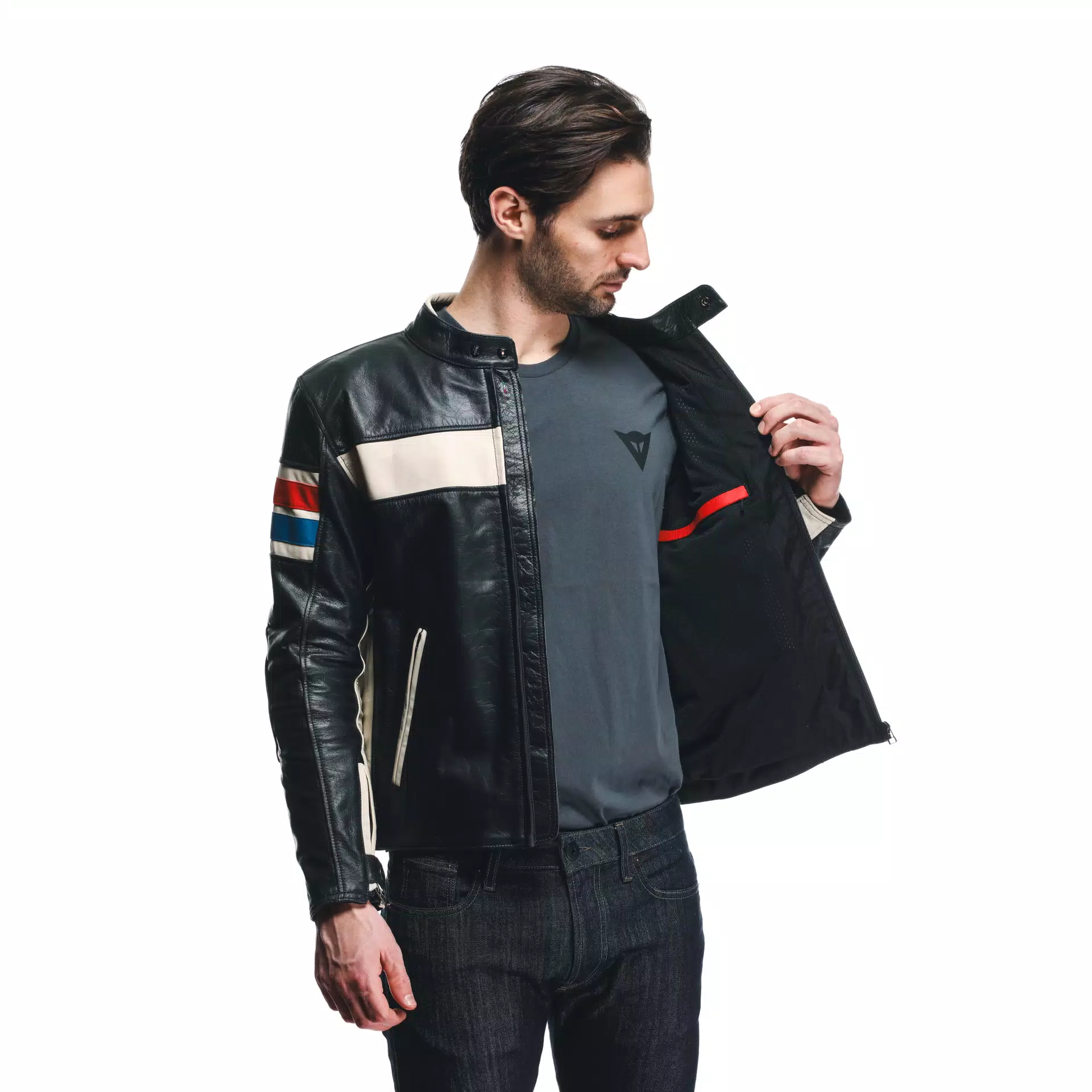 HF D1 MEN S MOTORCYCLE LEATHER JACKET BLACK RED BLUE Dainese