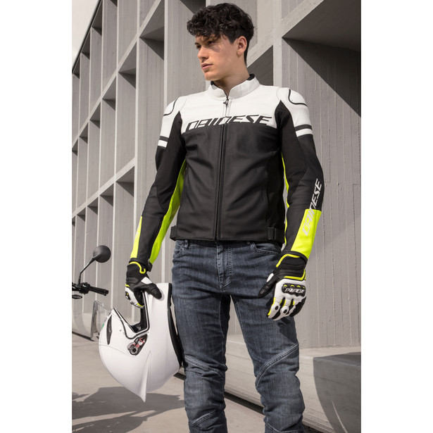 agile-leather-jacket-black-matt-white-fluo-yellow image number 8