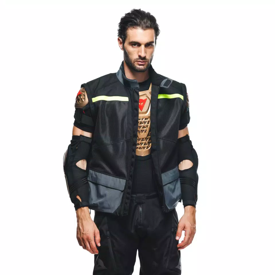 OUTLAW TEX - MEN'S SUMMER MOTORCYCLE JACKET IN FABRIC - BLACK/BLACK/EBONY/FLUO-YELLOW - 16