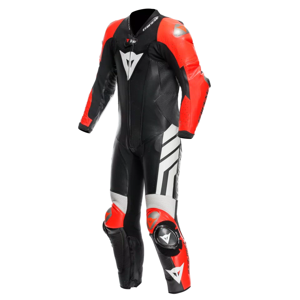 MUGELLO 3 D AIR MEN S 1 PIECE MOTORCYCLE PERFORATED LEATHER SUIT WITH AIRBAG BLACK FLUO RED WHITE Dainese