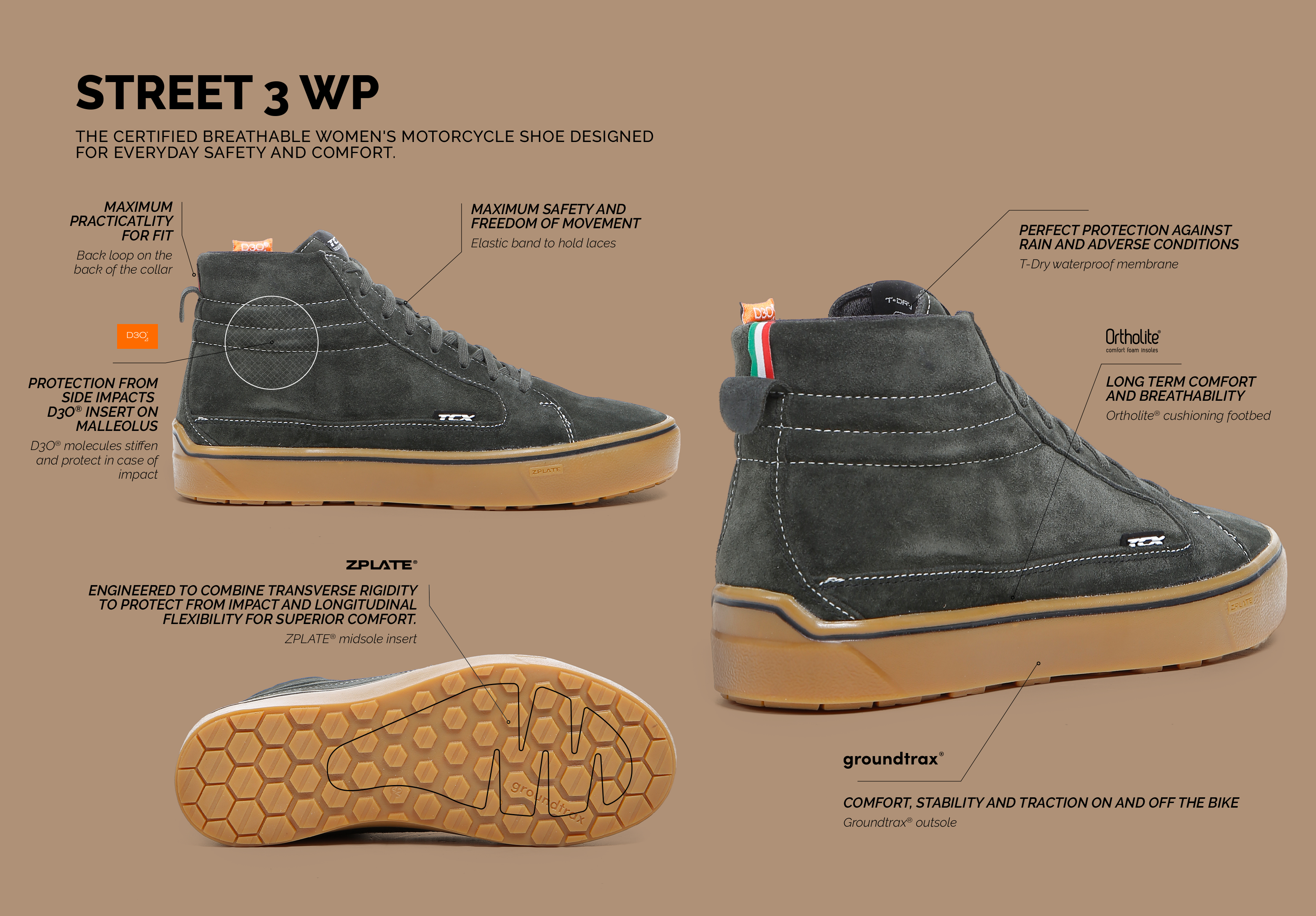 STREET 3 WP MEN'S WATERPROOF MOTORCYCLE SHOES - BROWN/WHITE | TCX