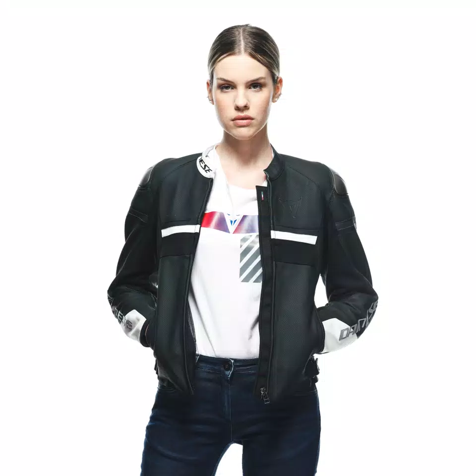 RAPIDA LADY LEATHER JACKET PERF. - BLACK-MATT/BLACK-MATT/WHITE - 9