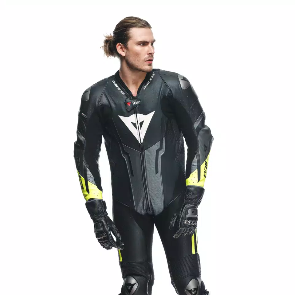 MISANO 3 D-AIR® - MEN'S 1-PIECE MOTORCYCLE PERFORATED LEATHER SUIT WITH AIRBAG - BLACK/ANTHRACITE/FLUO-YELLOW - 7