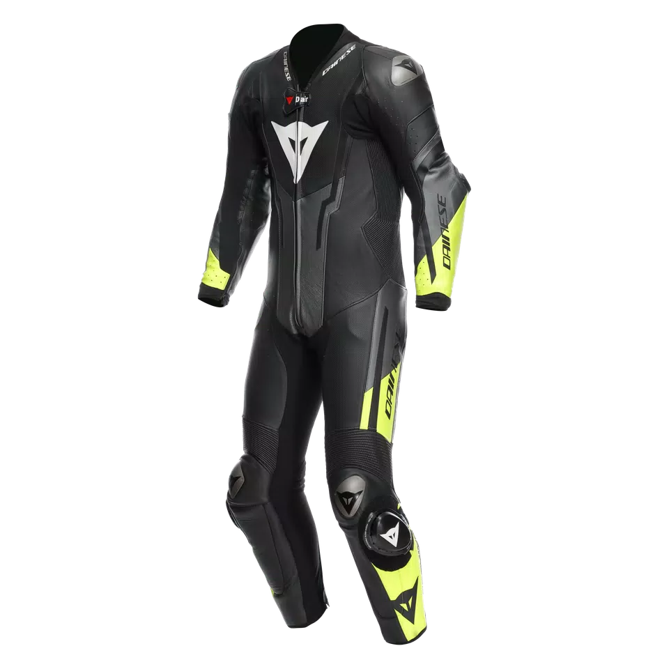 MISANO 3 D-AIR® - MEN'S 1-PIECE MOTORCYCLE PERFORATED LEATHER SUIT WITH AIRBAG - BLACK/ANTHRACITE/FLUO-YELLOW - 1
