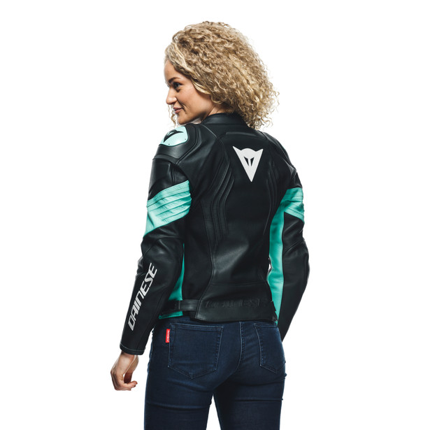racing-4-giacca-moto-in-pelle-perforata-donna-black-acqua-green image number 9