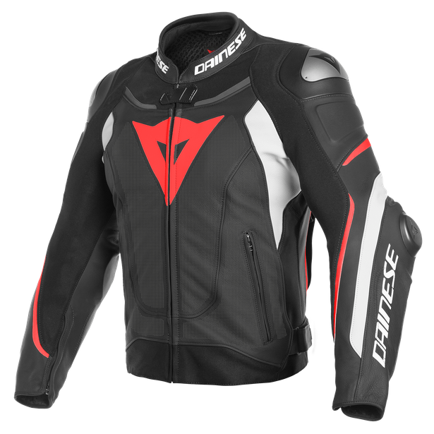 SUPER SPEED 3 PERF. LEATHER JACKET BLACK/WHITE/FLUO-RED- Ventilated