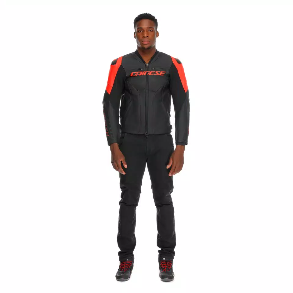 RACING 5 - MEN LEATHER MOTORCYCLE JACKET - BLACK/BLACK/RED-FLUO - 3