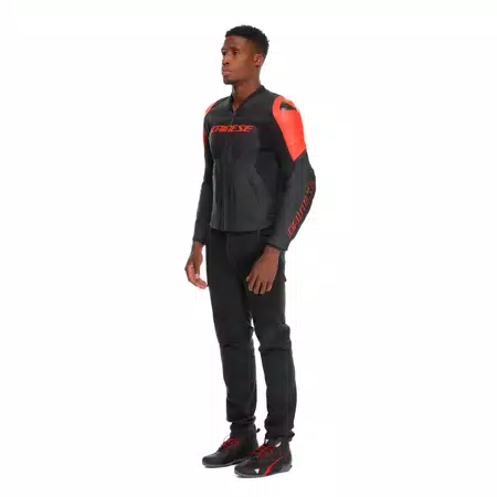 RACING 5 - MEN PERFORATED LEATHER MOTORCYCLE JACKET - BLACK/BLACK/RED-FLUO - 4