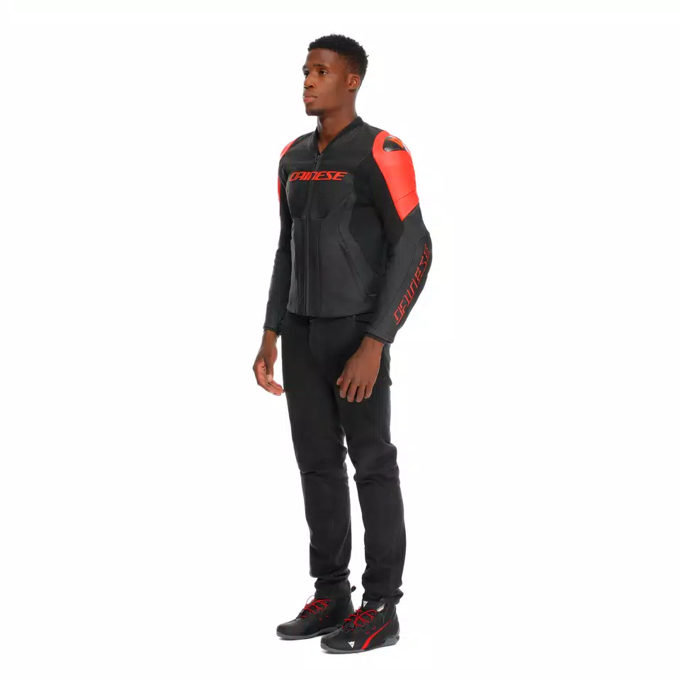 RACING 5 - MEN PERFORATED LEATHER MOTORCYCLE JACKET - BLACK/BLACK/RED-FLUO - 4