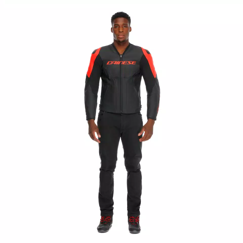 RACING 5 - MEN PERFORATED LEATHER MOTORCYCLE JACKET - BLACK/BLACK/RED-FLUO - 3