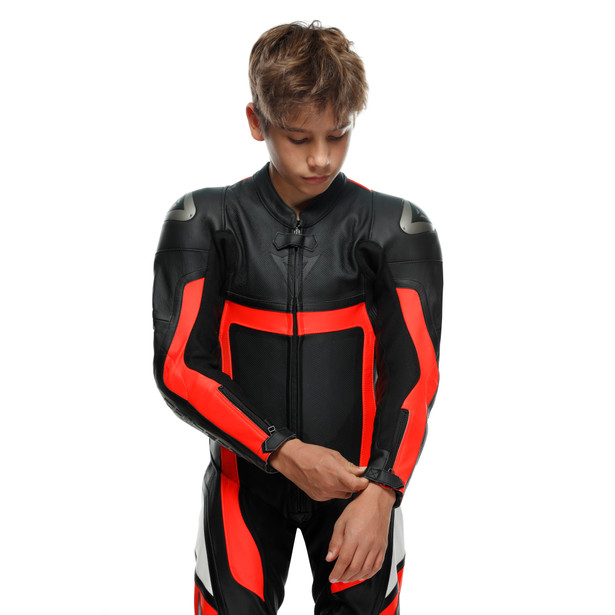 gen-z-junior-leather-1pc-suit-perf-black-fluo-red-black image number 6