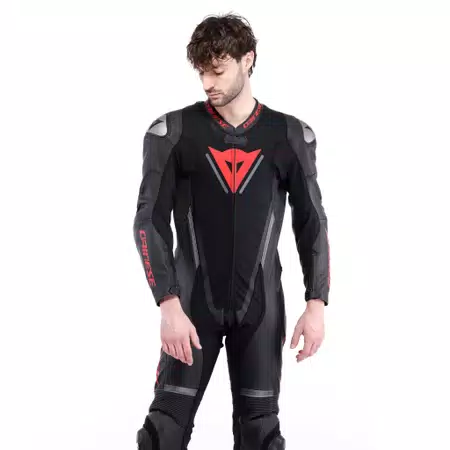 DEMON SPRINT - MEN'S ONE-PIECE PERFORATED LEATHER MOTORCYCLE SUIT - BLACK/BLACK/RED-LAVA - 3