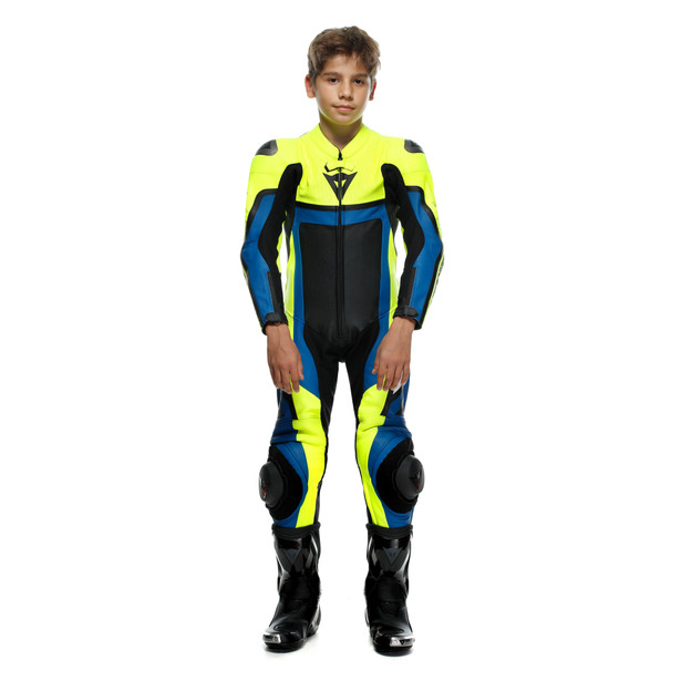 gen-z-junior-leather-1pc-suit-perf-fluo-yellow-light-blue-black image number 2