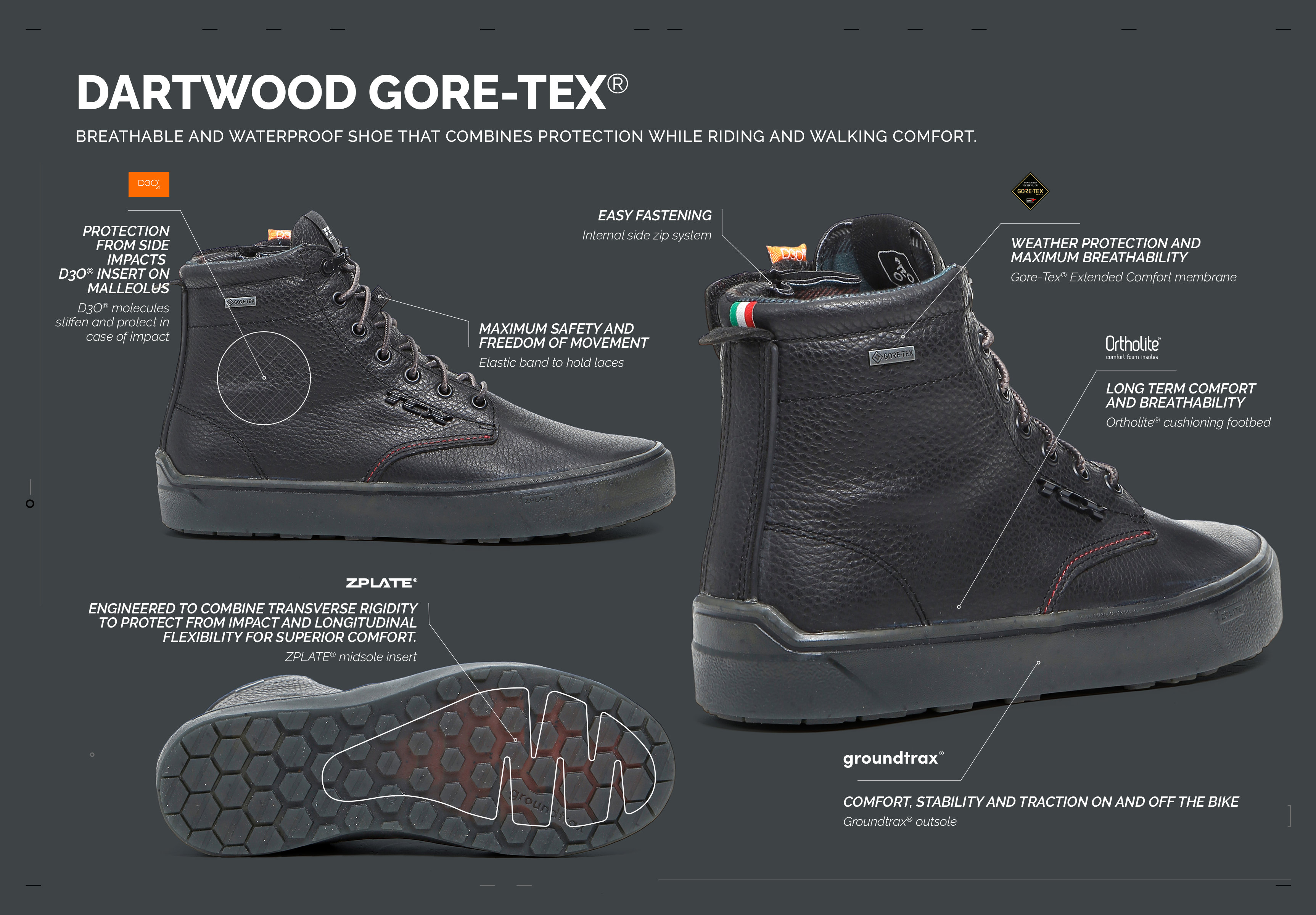DARTWOOD GTX MEN'S WATERPROOF MOTORCYCLE SHOES - BLACK | TCX