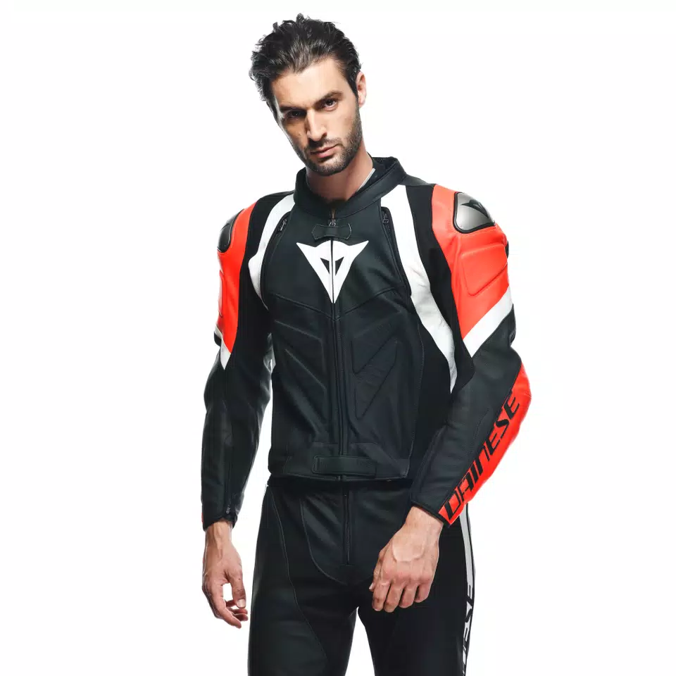 AVRO 4 LEATHER 2PCS SUIT BLACK MATT FLUO RED WHITE Dainese