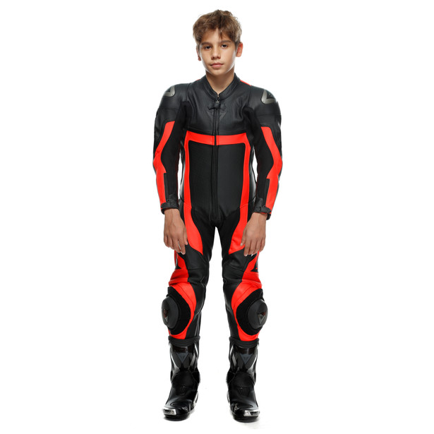 gen-z-junior-leather-1pc-suit-perf-black-fluo-red-black image number 2