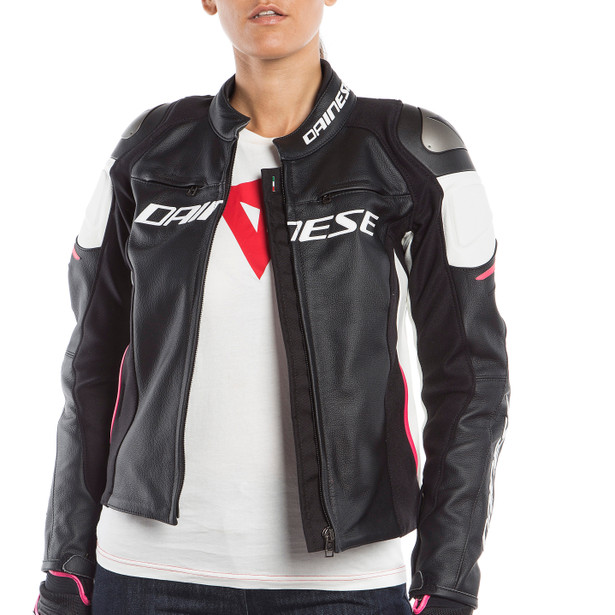 racing-3-lady-leather-jacket-black-white-fuchsia image number 6
