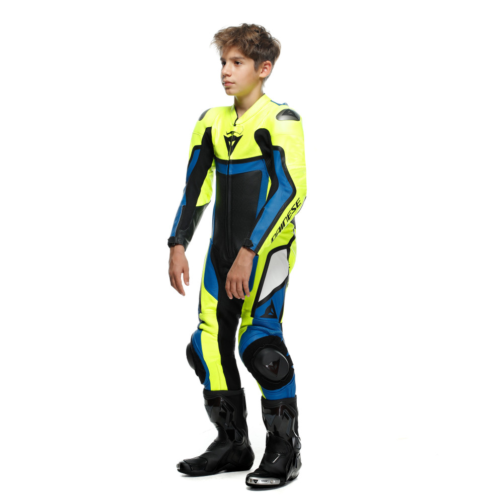 gen-z-junior-leather-1pc-suit-perf-fluo-yellow-light-blue-black image number 3