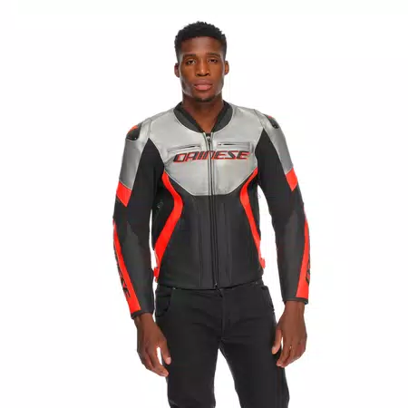 RACING 5 - HEREN MOTORFIETS LEREN JAS - SILVER/BLACK/RED-FLUO - 5