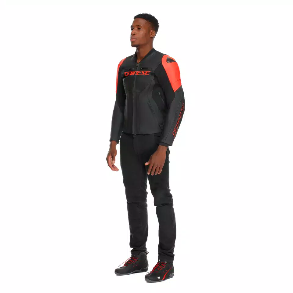 RACING 5 - MEN LEATHER MOTORCYCLE JACKET - BLACK/BLACK/RED-FLUO - 4
